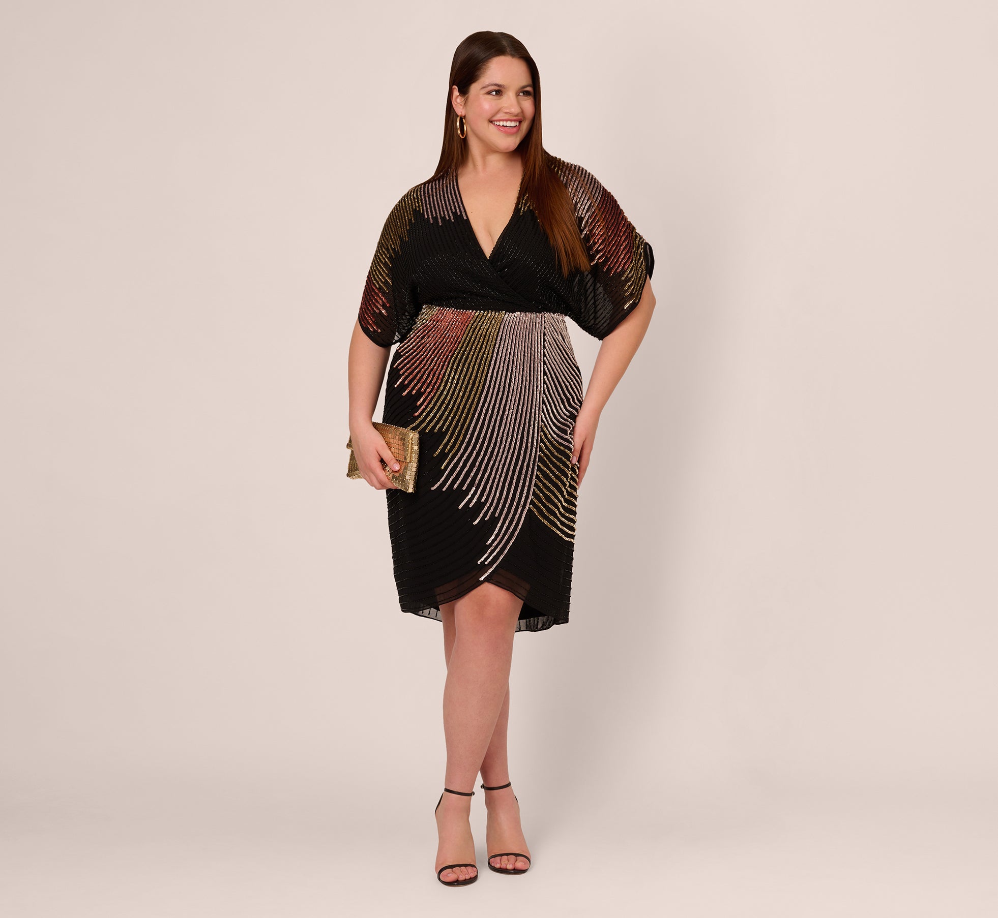 Black Plus Size Beaded Faux Wrap Dress With Dolman Sleeves - Adrianna Papell Black Plus Size Beaded Faux Wrap Dress With Dolman Sleeves - Adrianna Papell