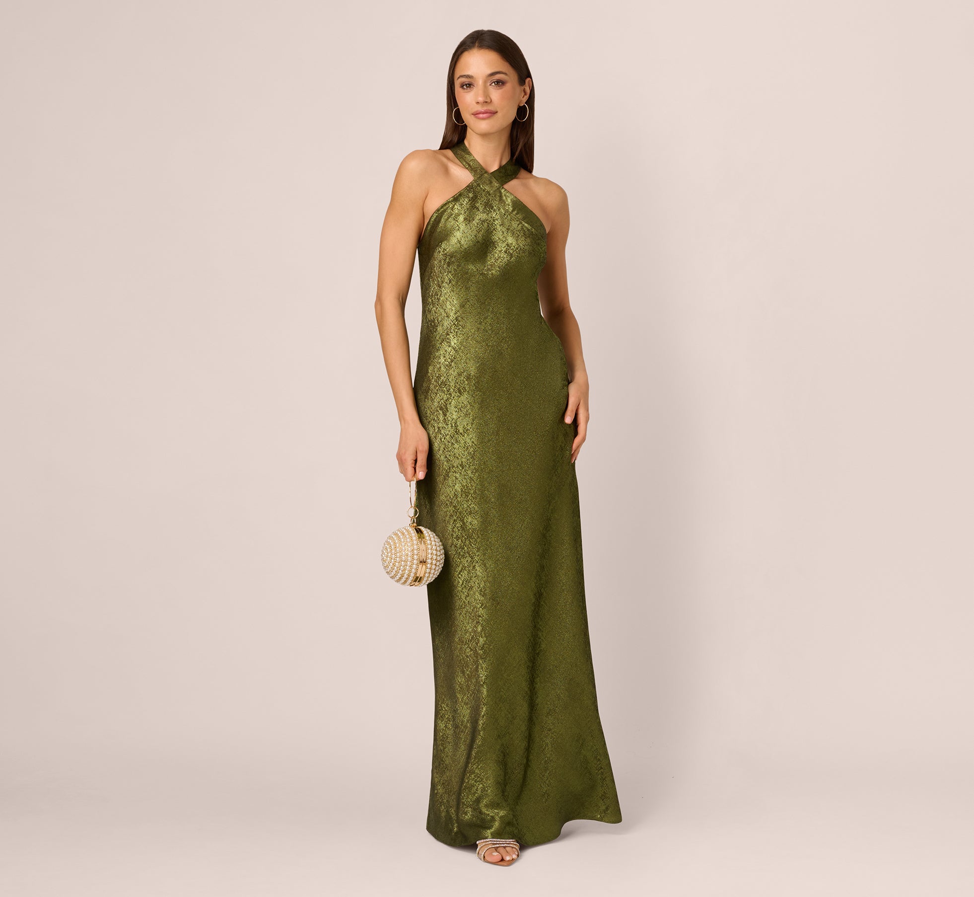 Foiled Mermaid Gown With Halter Neckline In Dark Olive Foiled Mermaid Gown With Halter Neckline In Dark Olive
