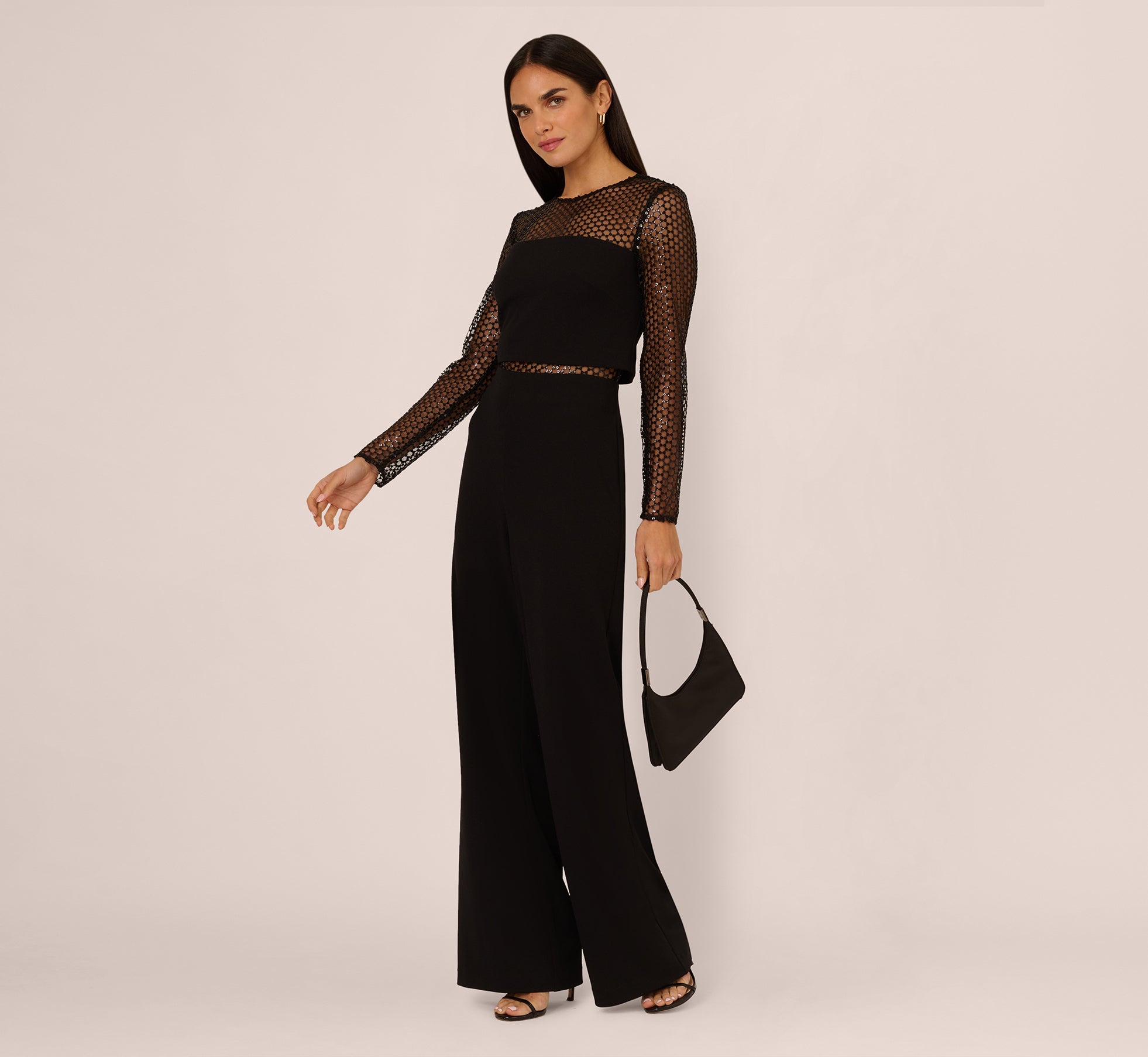 Long Sleeve Sequin Mesh Detail Jumpsuit In Black Adrianna Papell