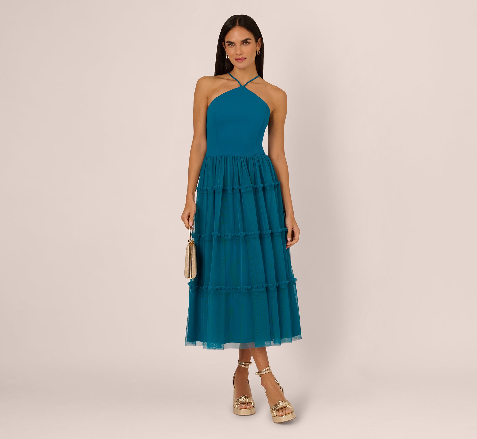 Knit And Mesh Tiered Midi Halter Dress In Peacock Adrianna Papell