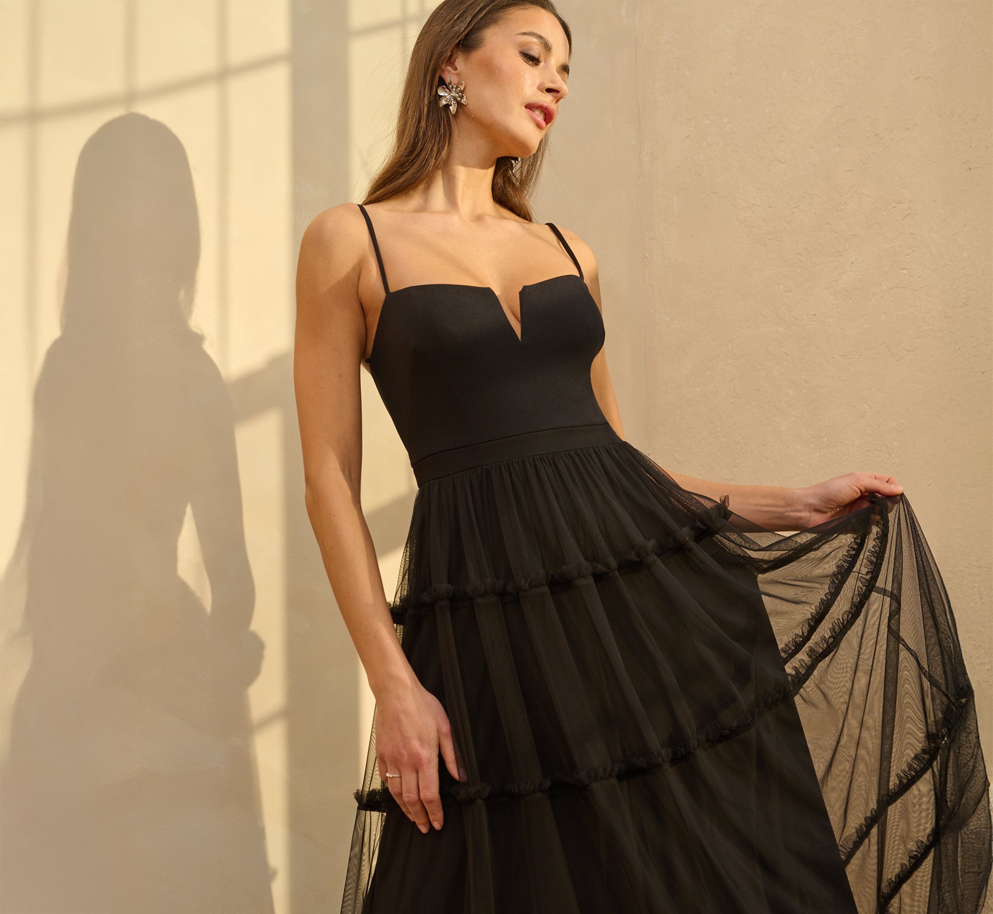 Black Sleeveless Notch Neck Tiered Mesh Gown - Adrianna Papell Black Sleeveless Notch Neck Tiered Mesh Gown - Adrianna Papell