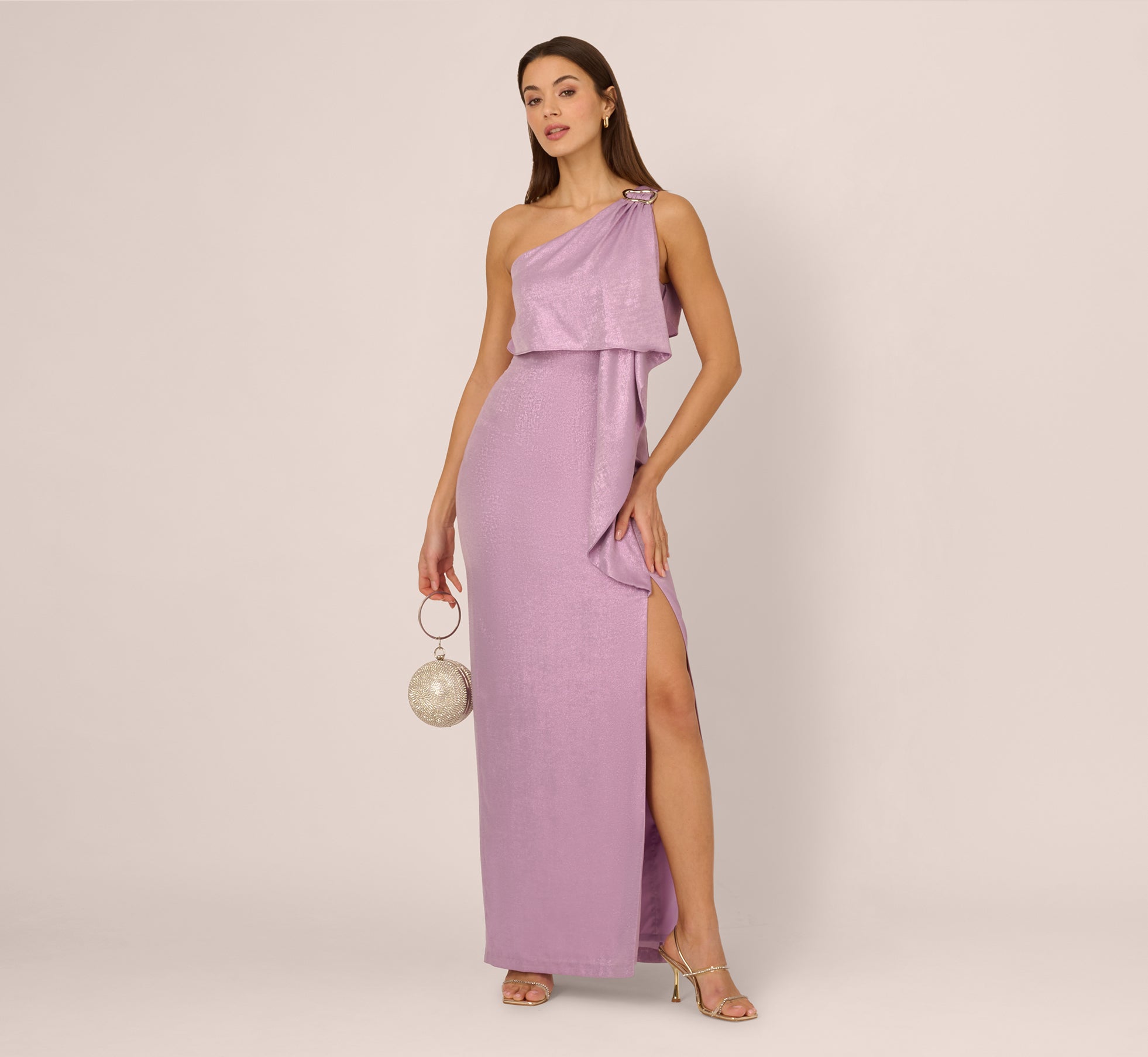 One Shoulder Foil Draped Popover Gown In Light Purple One Shoulder Foil Draped Popover Gown In Light Purple