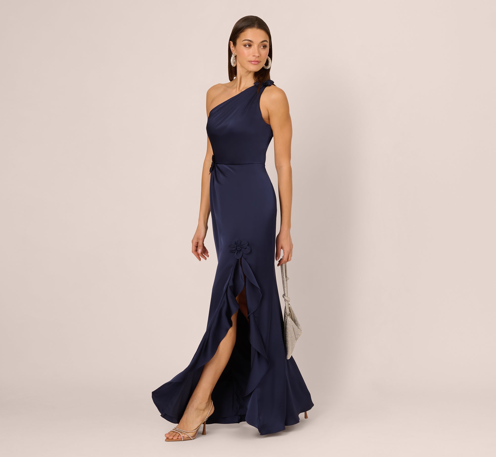 Navy One Shoulder Satin Floral Applique Gown - Adrianna Papell Navy One Shoulder Satin Floral Applique Gown - Adrianna Papell