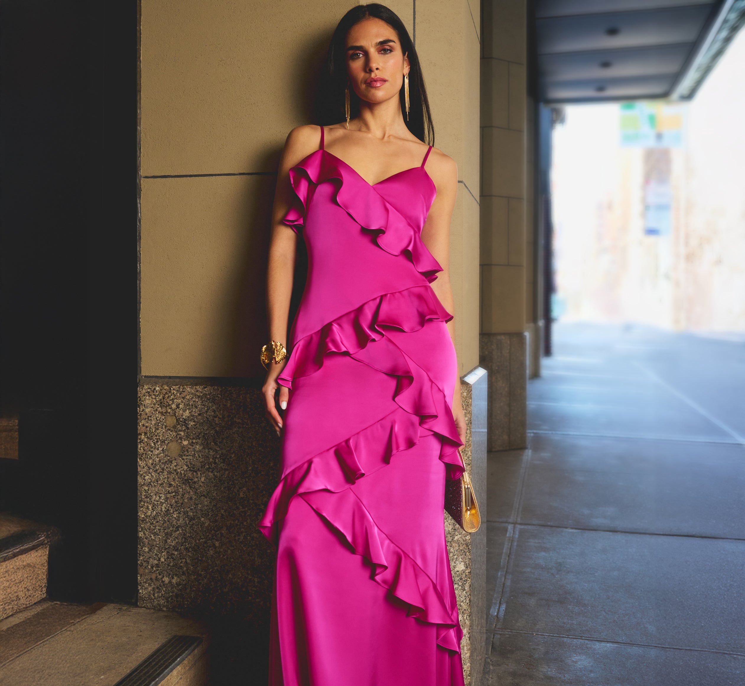Satin Cascade Ruffle Slip Gown In Electric Passion Satin Cascade Ruffle Slip Gown In Electric Passion