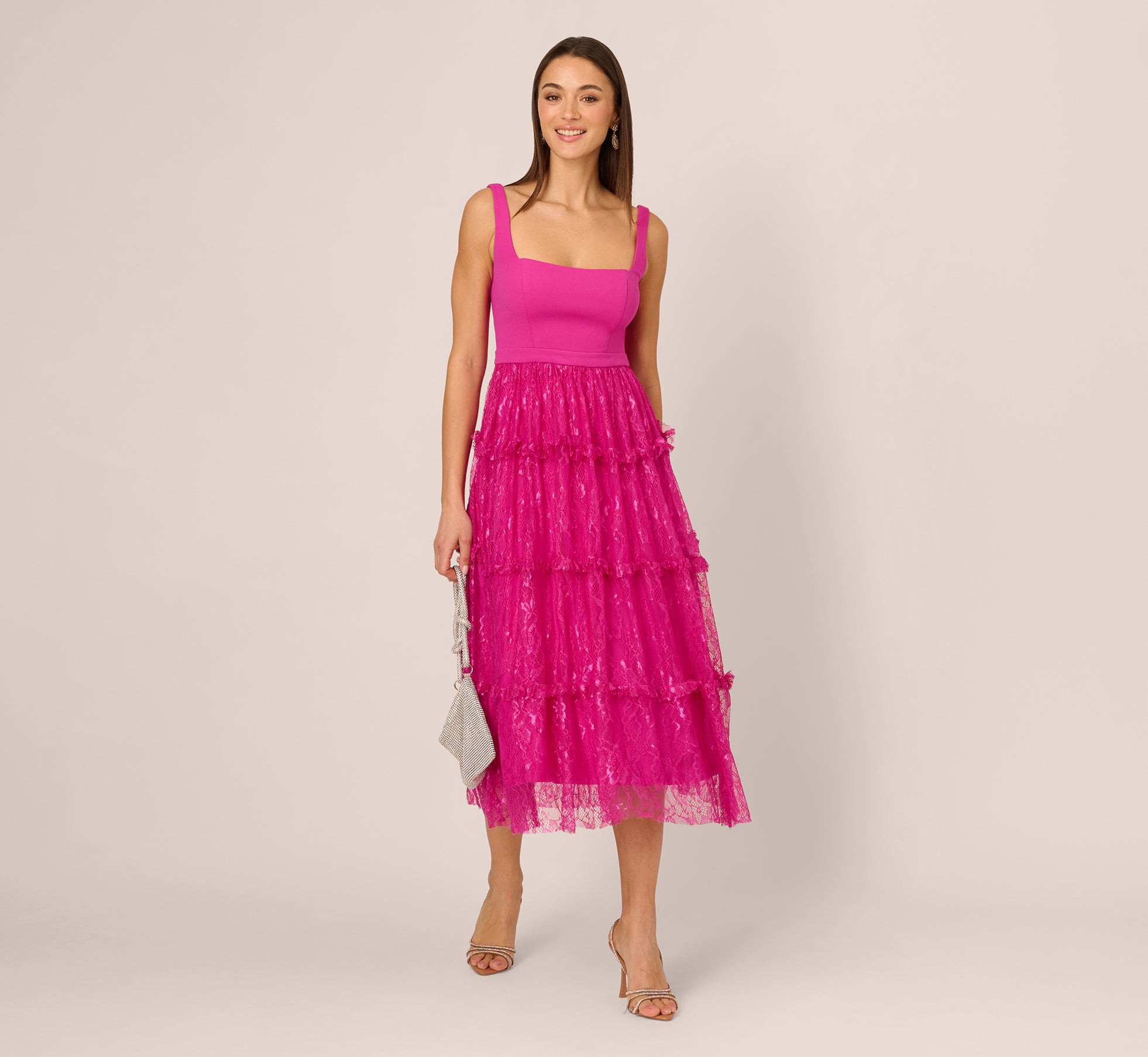 Adrianna Papell Sleeveless Square Neck Tiered Lace Midi Dress - Electric Passion Adrianna Papell Sleeveless Square Neck Tiered Lace Midi Dress - Electric Passion