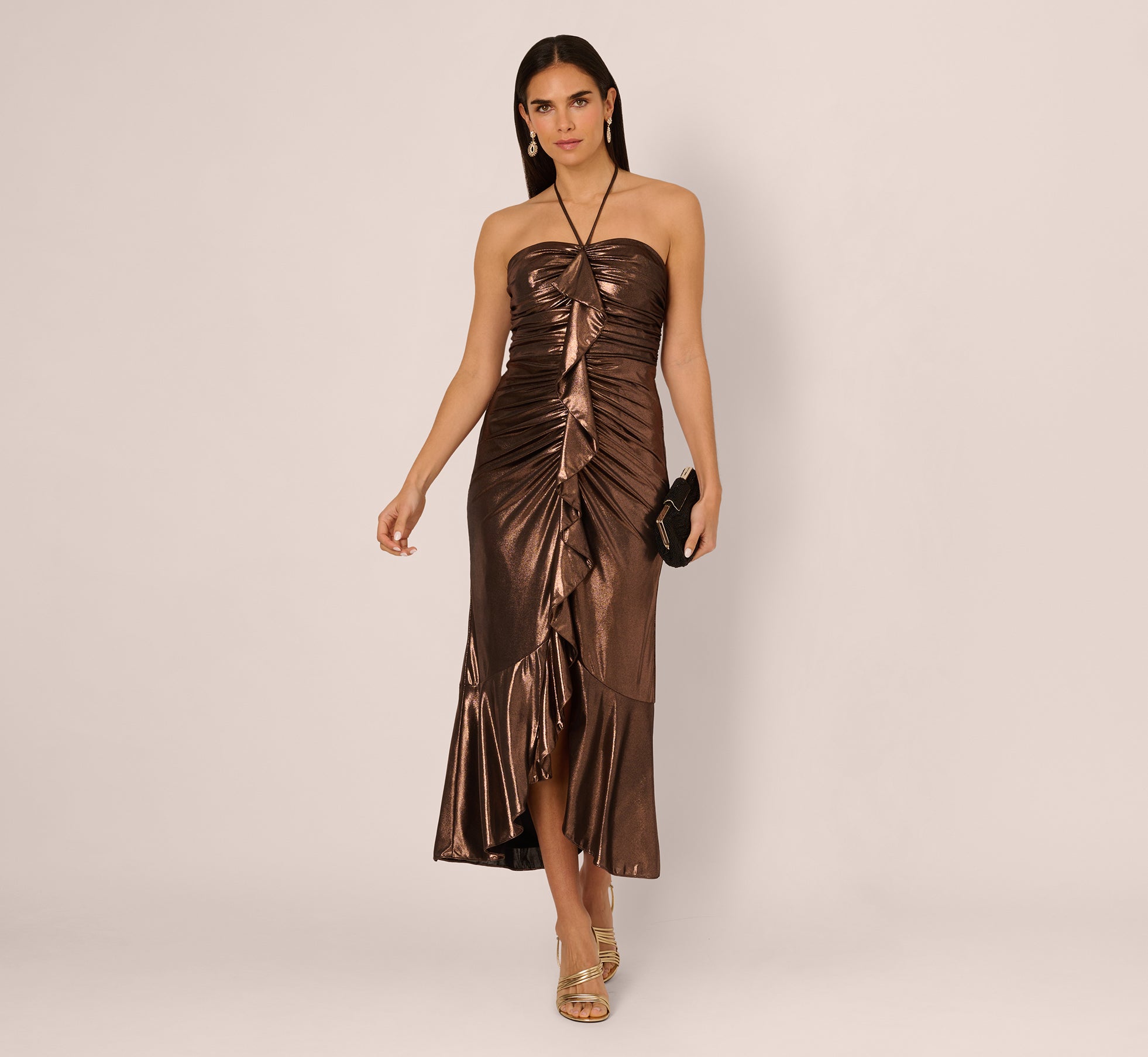 Adrianna Eve Ruched Metallic Halter Maxi Dress Adrianna Eve Ruched Metallic Halter Maxi Dress