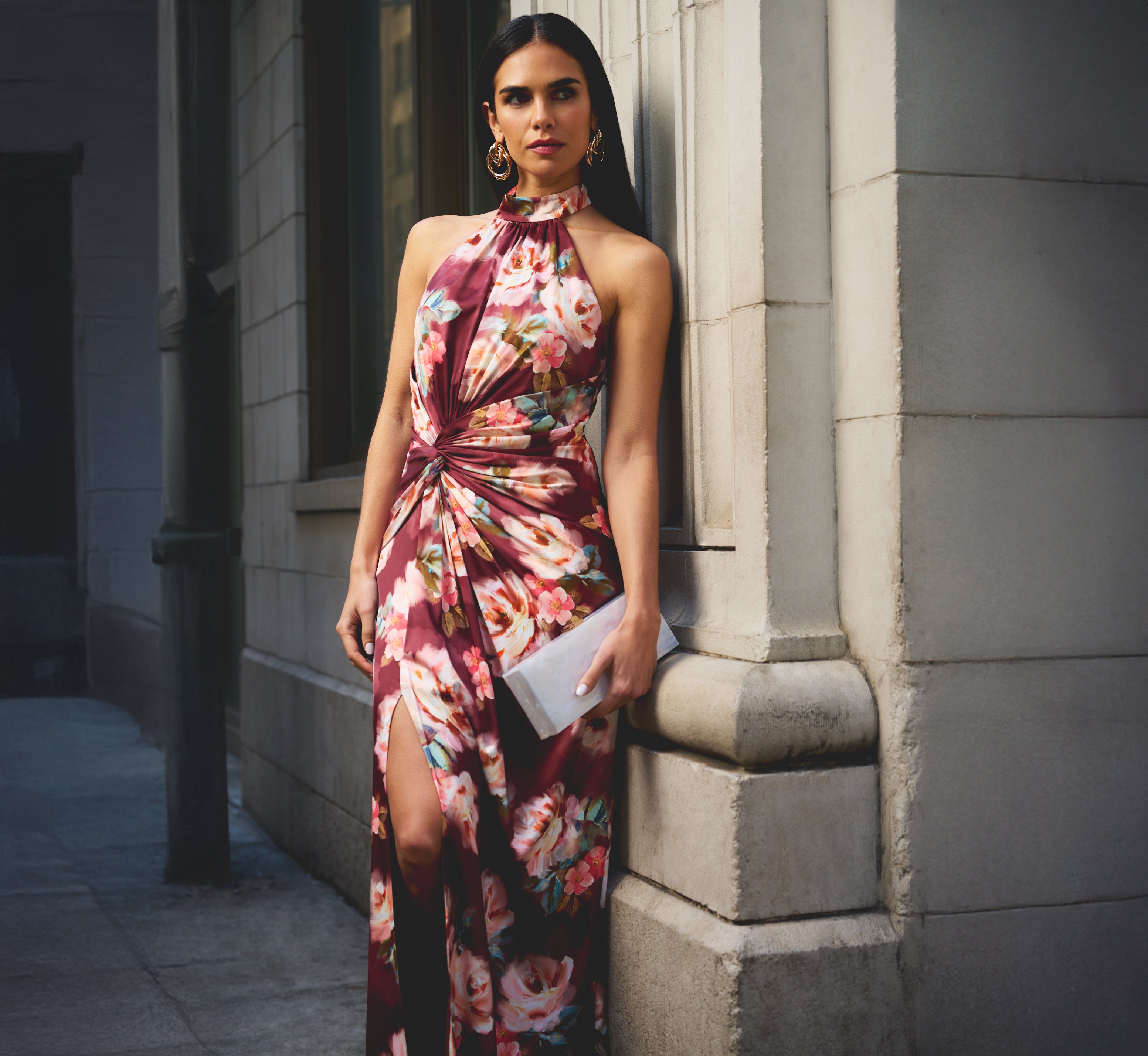 Floral Satin Twist Waist Halter Gown In Brown Multi Floral Satin Twist Waist Halter Gown In Brown Multi