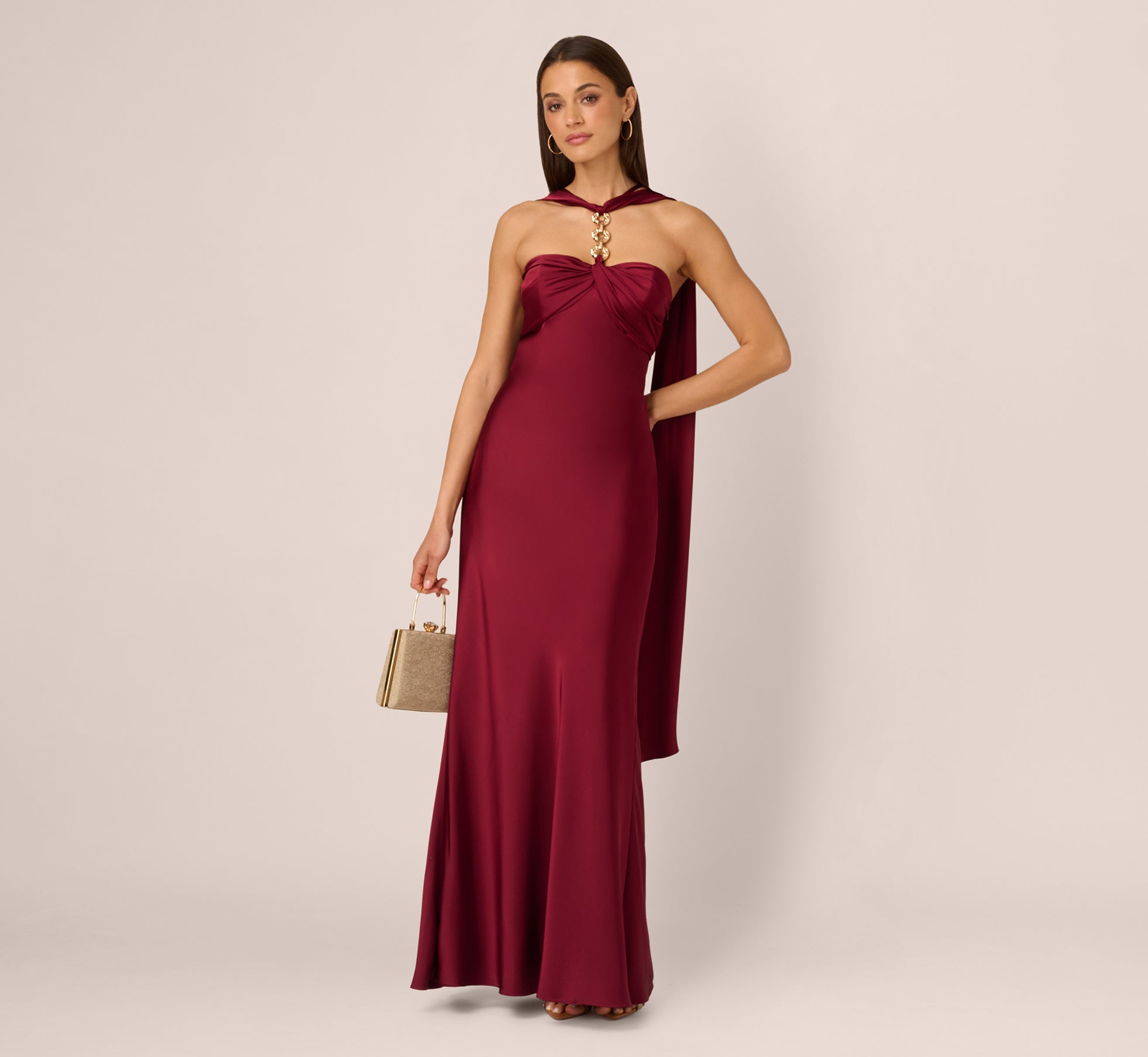 Strapless Scarf Chain Satin Dress In Crimson Haze Strapless Scarf Chain Satin Dress In Crimson Haze