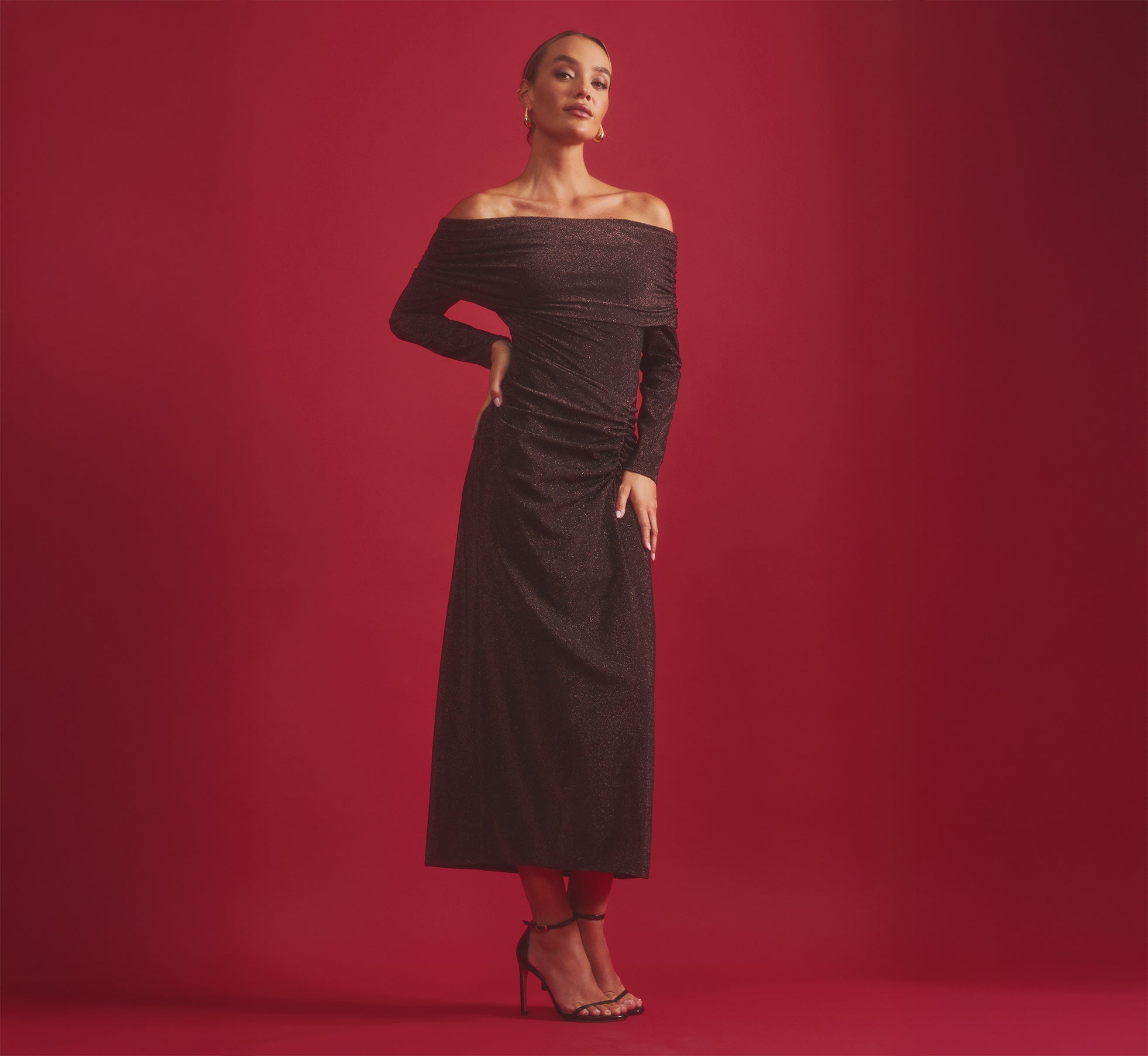 Adrianna Papell Metallic Knit Ruched Dress - Chocolate Adrianna Papell Metallic Knit Ruched Dress - Chocolate