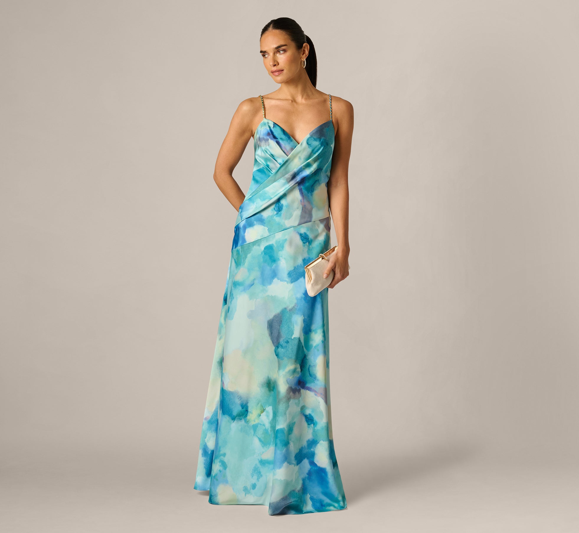 Blue Draped Sateen Watercolor Gown - Adrianna Papell Blue Draped Sateen Watercolor Gown - Adrianna Papell