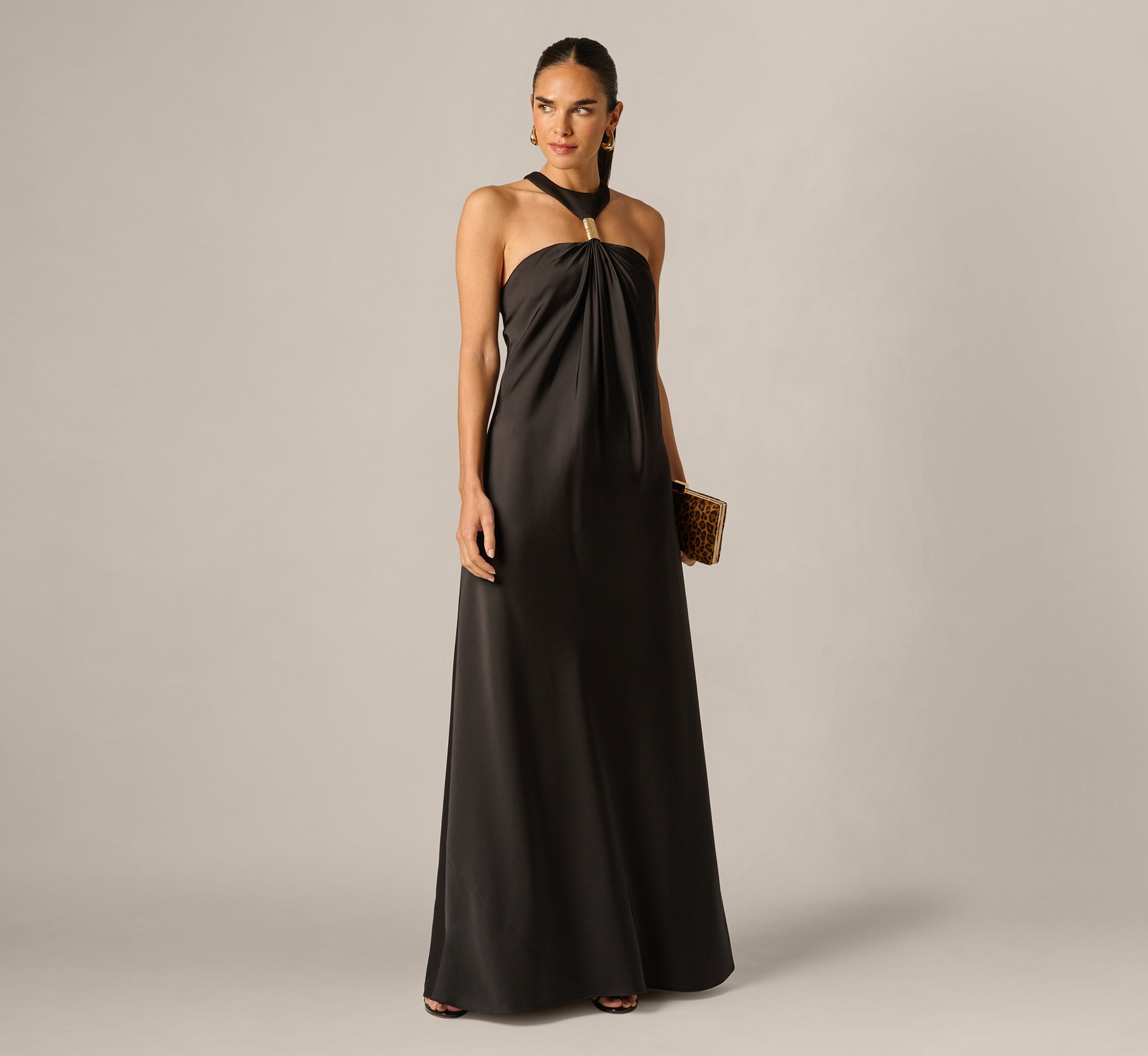 Adrianna Papell Stretch Satin Hardware Halter Collar Gown - Black Adrianna Papell Stretch Satin Hardware Halter Collar Gown - Black