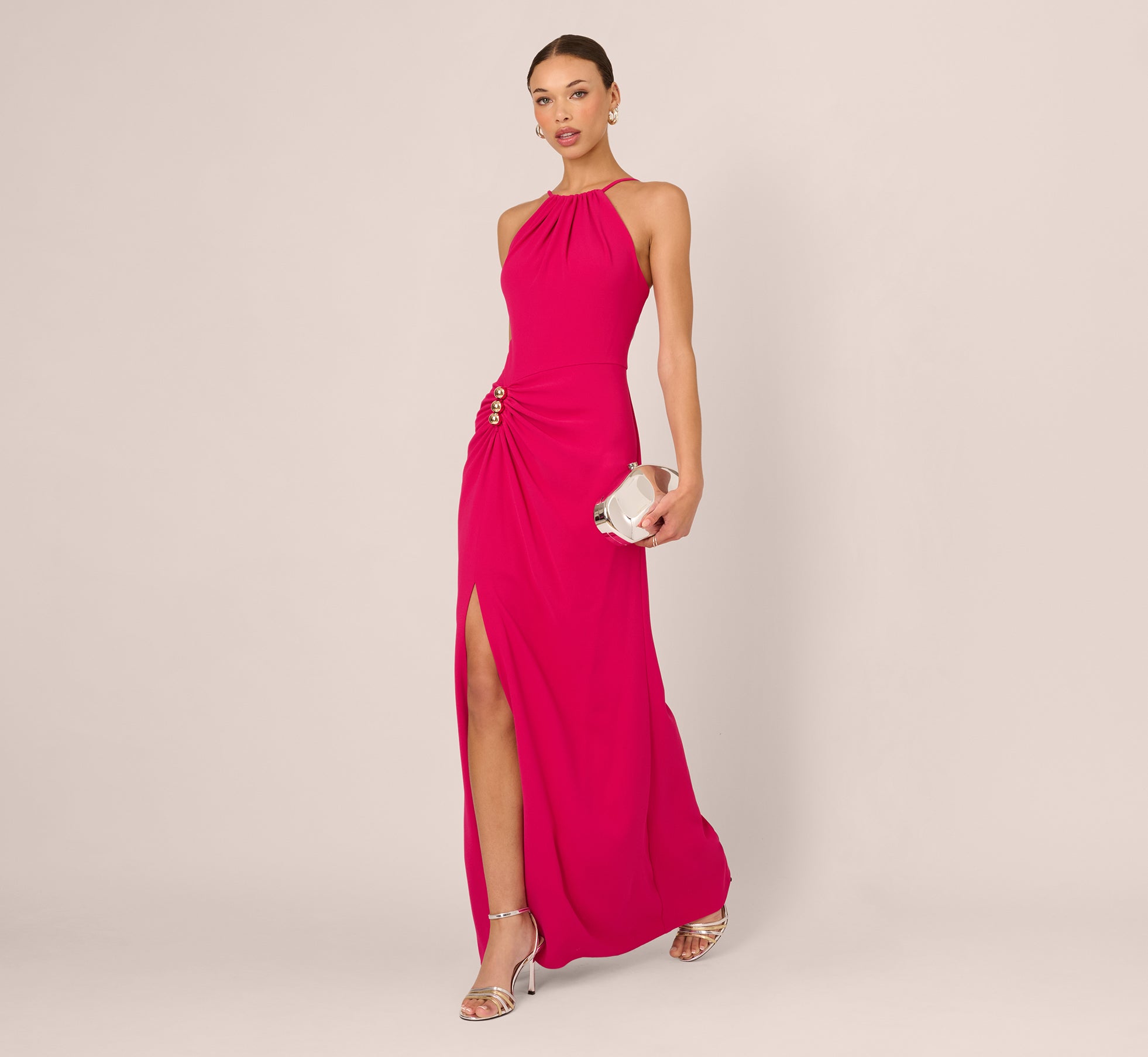 Gathered Stretch Crepe Halter Gown In Bright Rose Gathered Stretch Crepe Halter Gown In Bright Rose