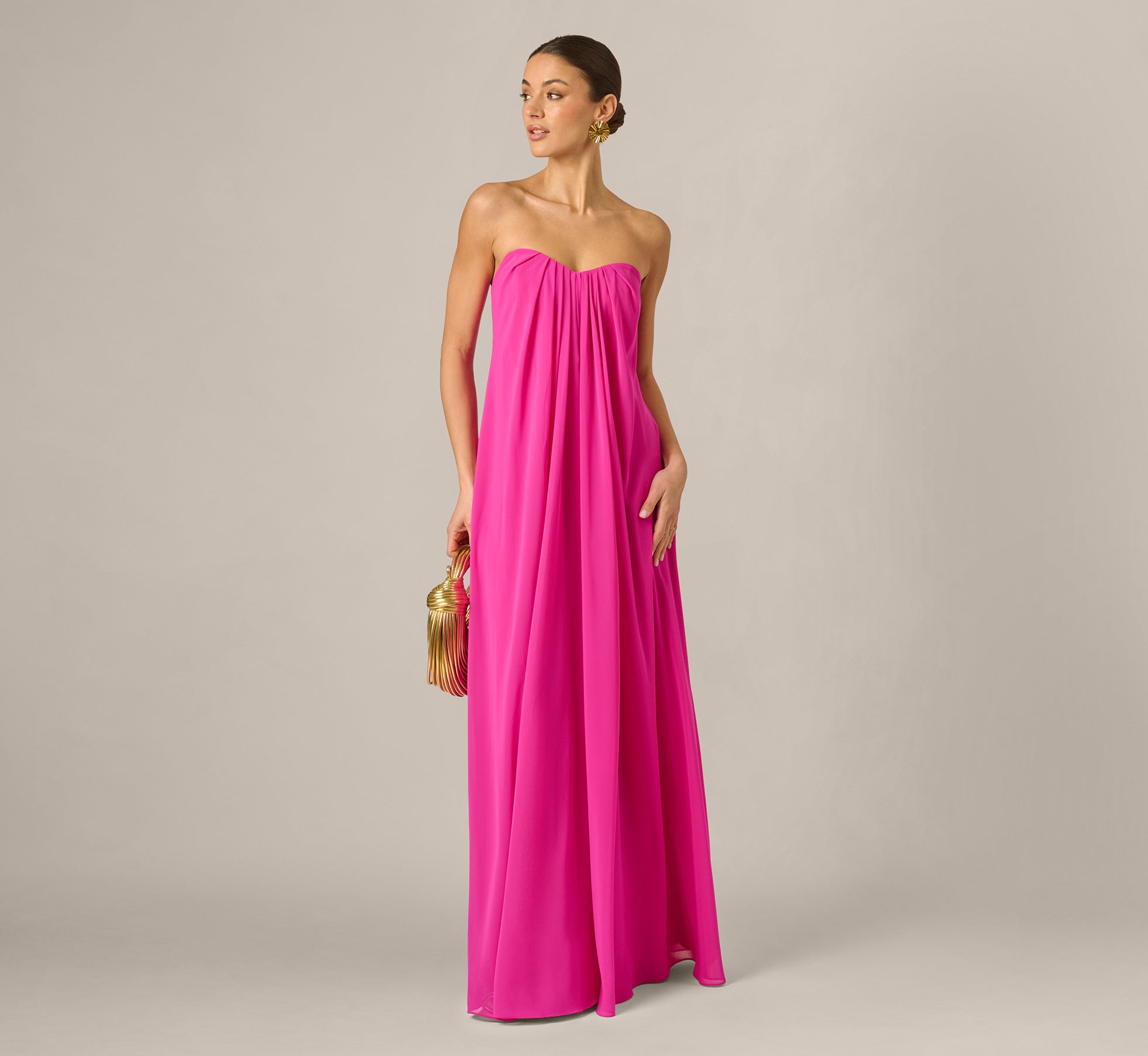 Strapless Chiffon Trapeze Gown In Pink Flame Strapless Chiffon Trapeze Gown In Pink Flame