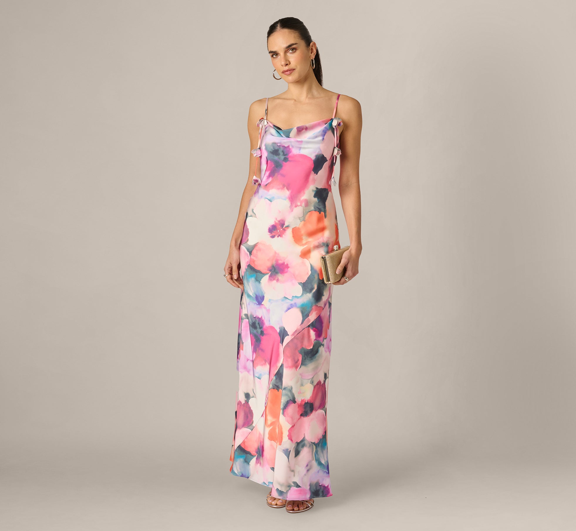 Cowl Neck 3D Floral Sateen Gown In Pink Orange Multi, Pink/Orange Multi / Regular / 10 Cowl Neck 3D Floral Sateen Gown In Pink Orange Multi, Pink/Orange Multi / Regular / 10