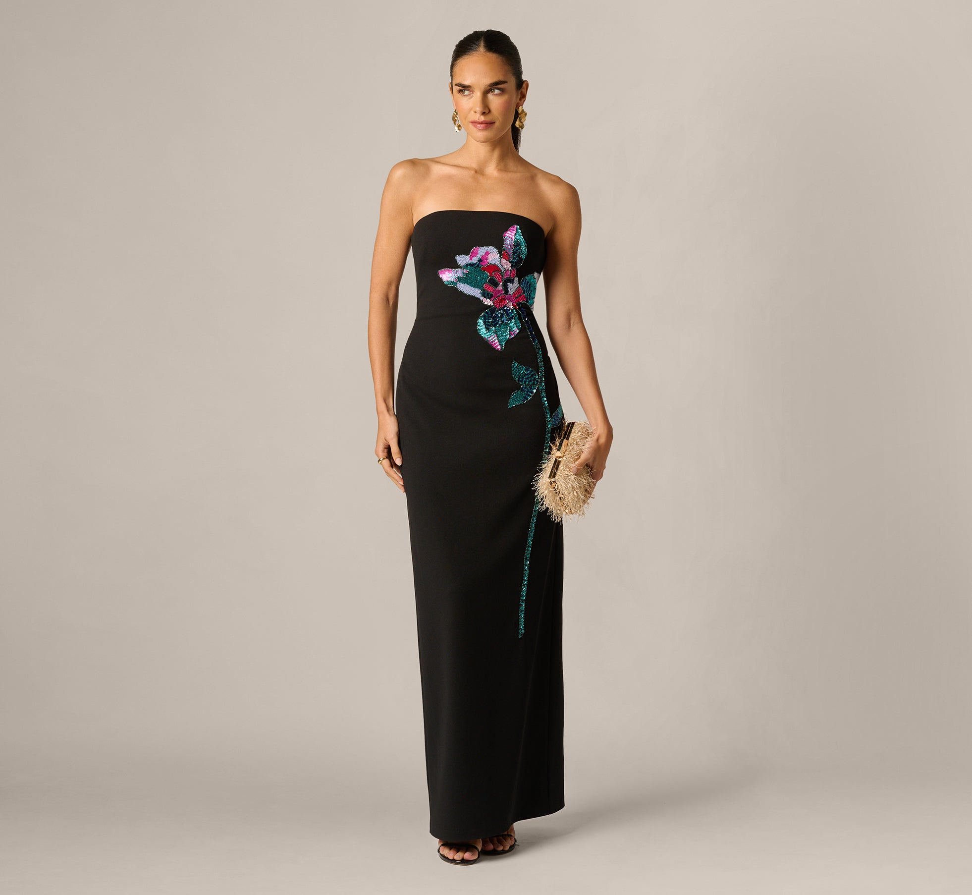 Adrianna Women's Knit Strapless Ball Gown - Black Multi - Size 8 Adrianna Women's Knit Strapless Ball Gown - Black Multi - Size 8