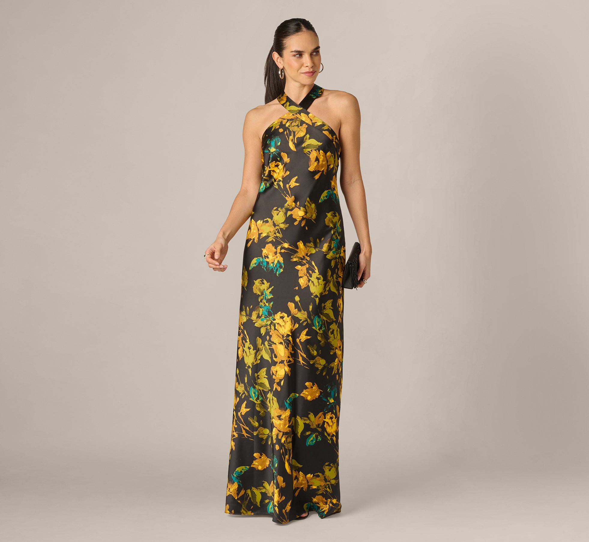 Adrianna Women's Halter Satin Long Dress - Black Multi - Size 12 Adrianna Women's Halter Satin Long Dress - Black Multi - Size 12