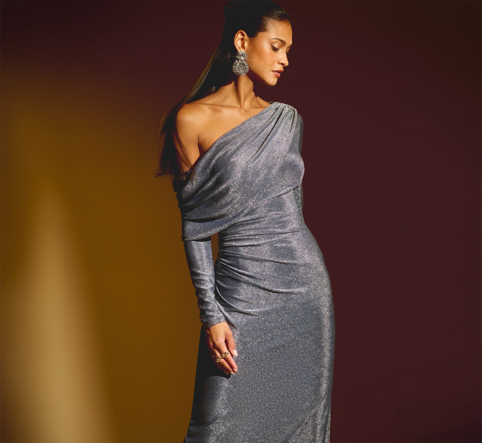 adrianna papell long sleeve dress One Shoulder Draped Metallic Gown In Midnight Blue, Midnight Blue / Regular / 2 notes-live-up-1/23/26 Long Cool Woman in Size:80 tie events