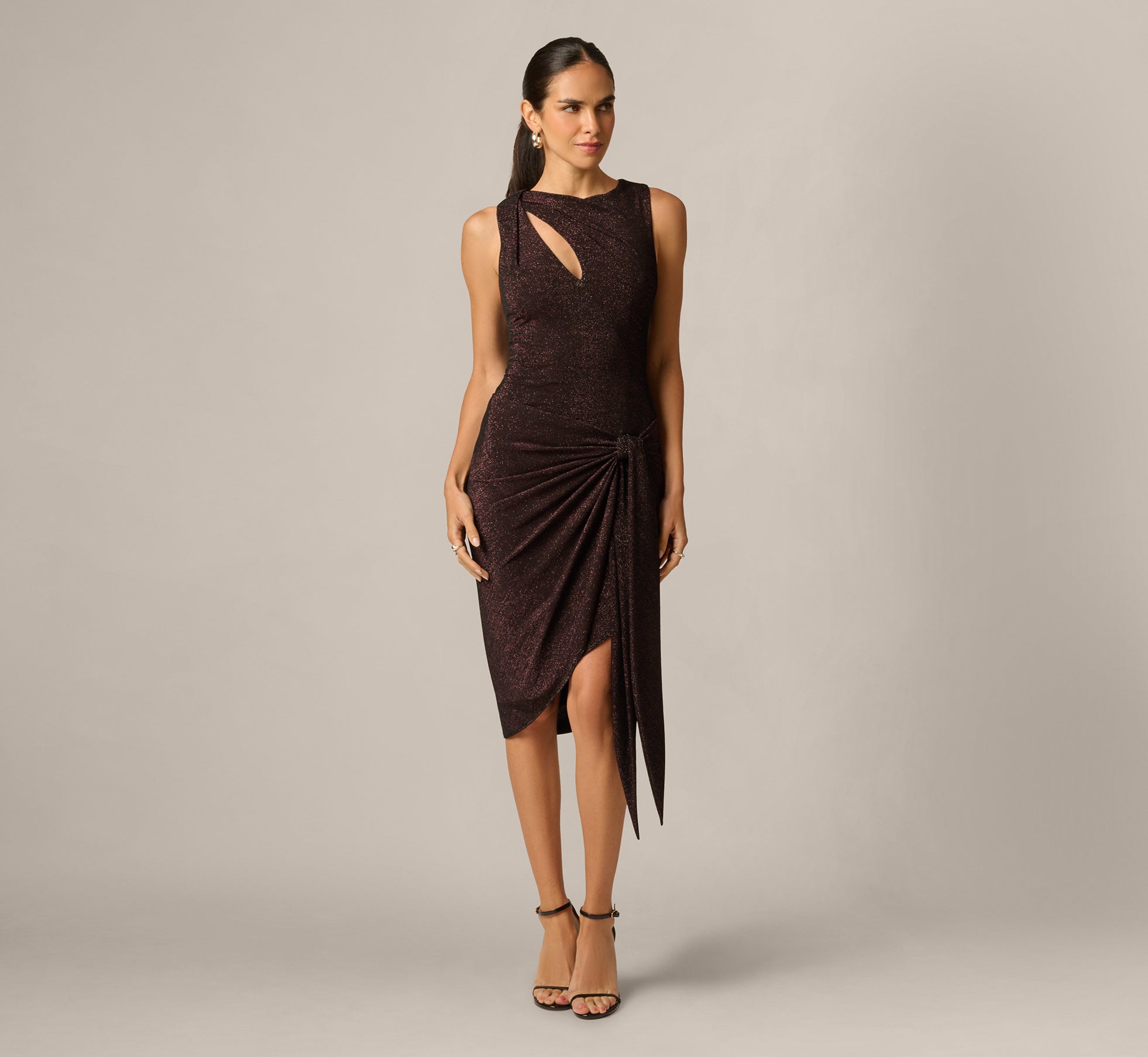 Stretch Shimmer Knit Asymmetrical Keyhole Cocktail Dress In Chocolate, Chocolate / Regular / 0
