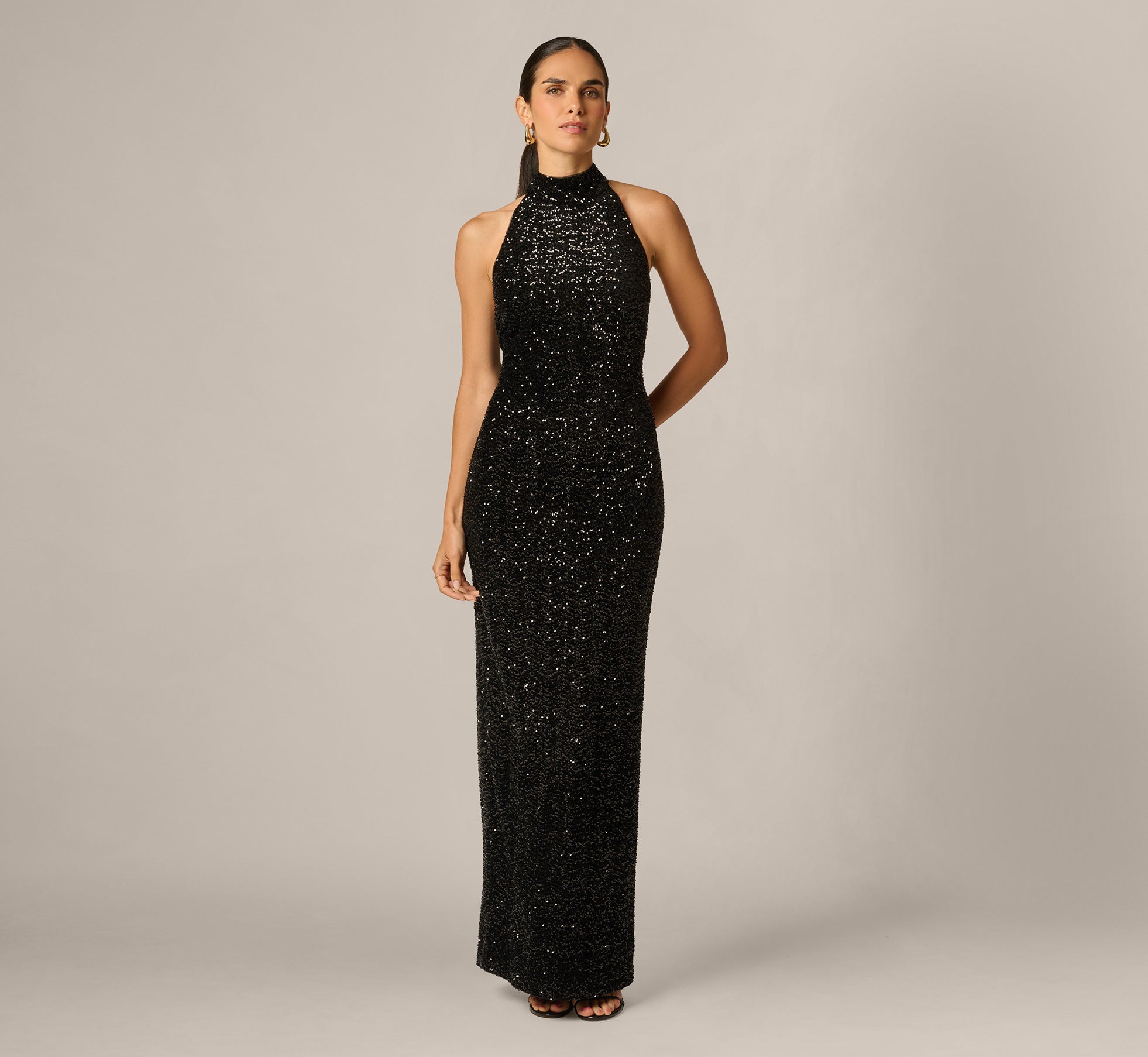 Black Sequin Velvet Open Back Halter Gown