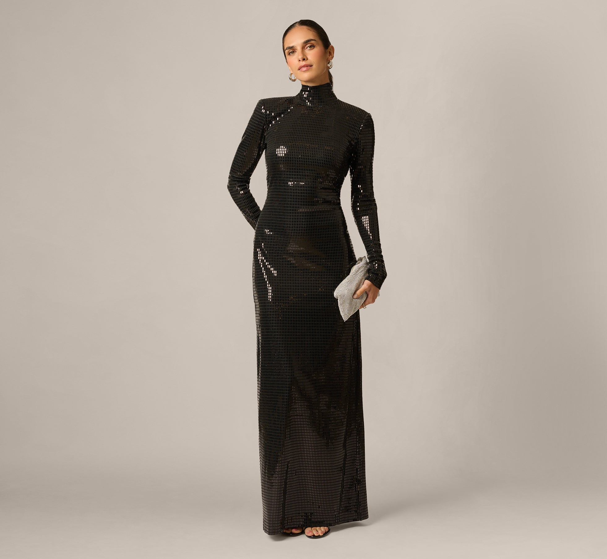 Black Long Sleeve Shimmer Knit Open Back Gown