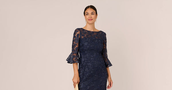 Bell Sleeve Rose Embroidered Sheath Dress In Midnight