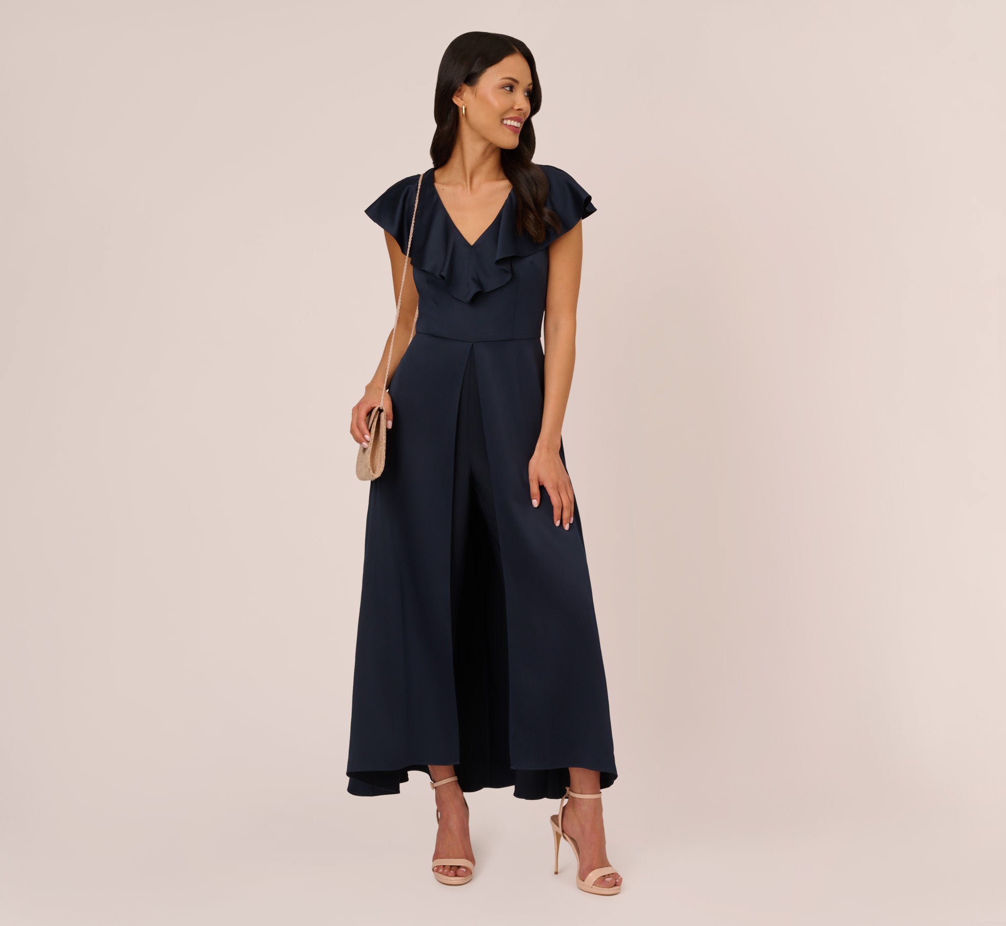 Satin Crepe Ruffled Cropped Jumpsuit In Dark Navy Satin Crepe Ruffled Cropped Jumpsuit In Dark Navy