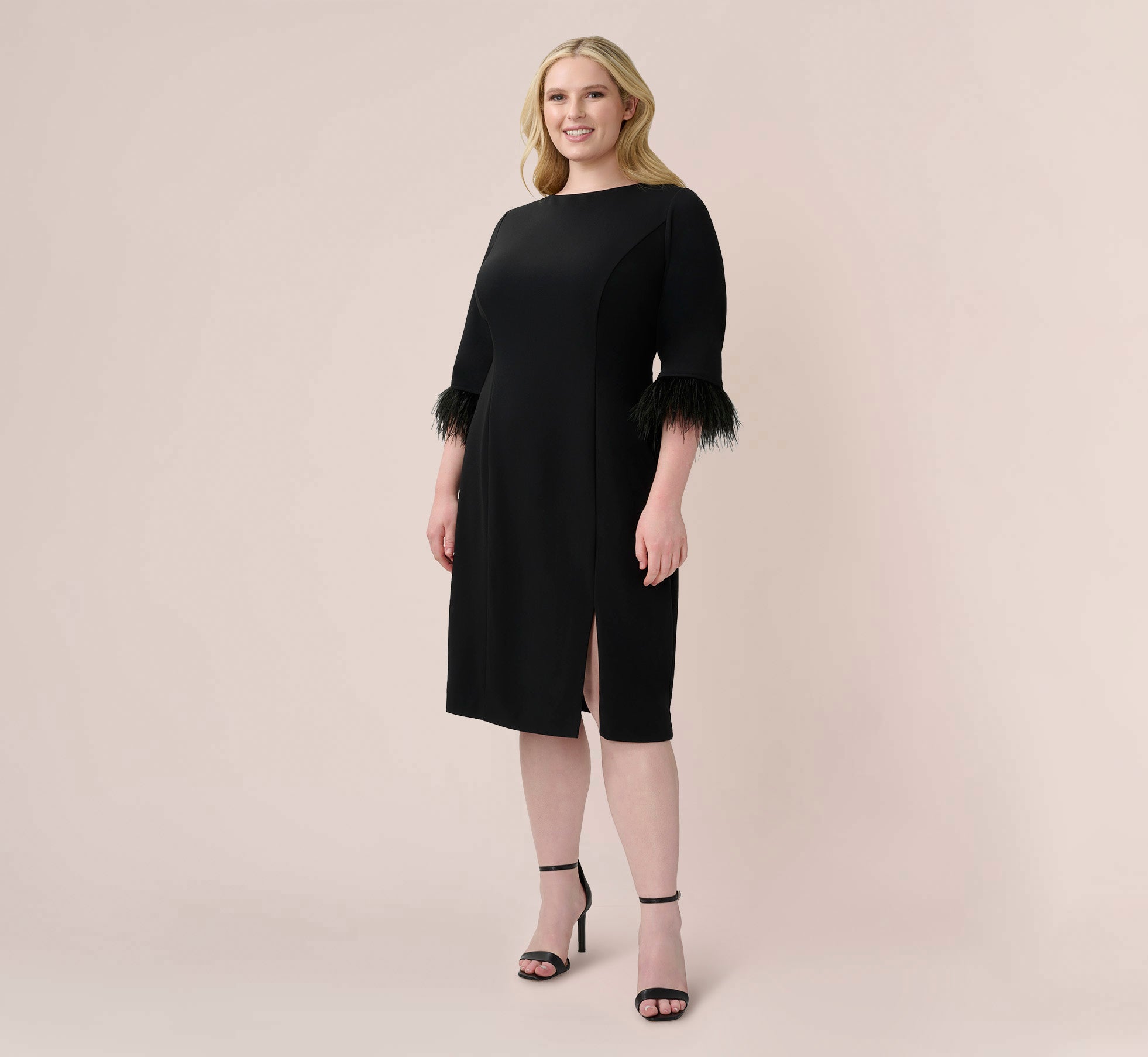 Plus Size Crepe Sheath Dress With V-Back And Feather-Trim Sleeves In Black Plus Size Crepe Sheath Dress With V-Back And Feather-Trim Sleeves In Black