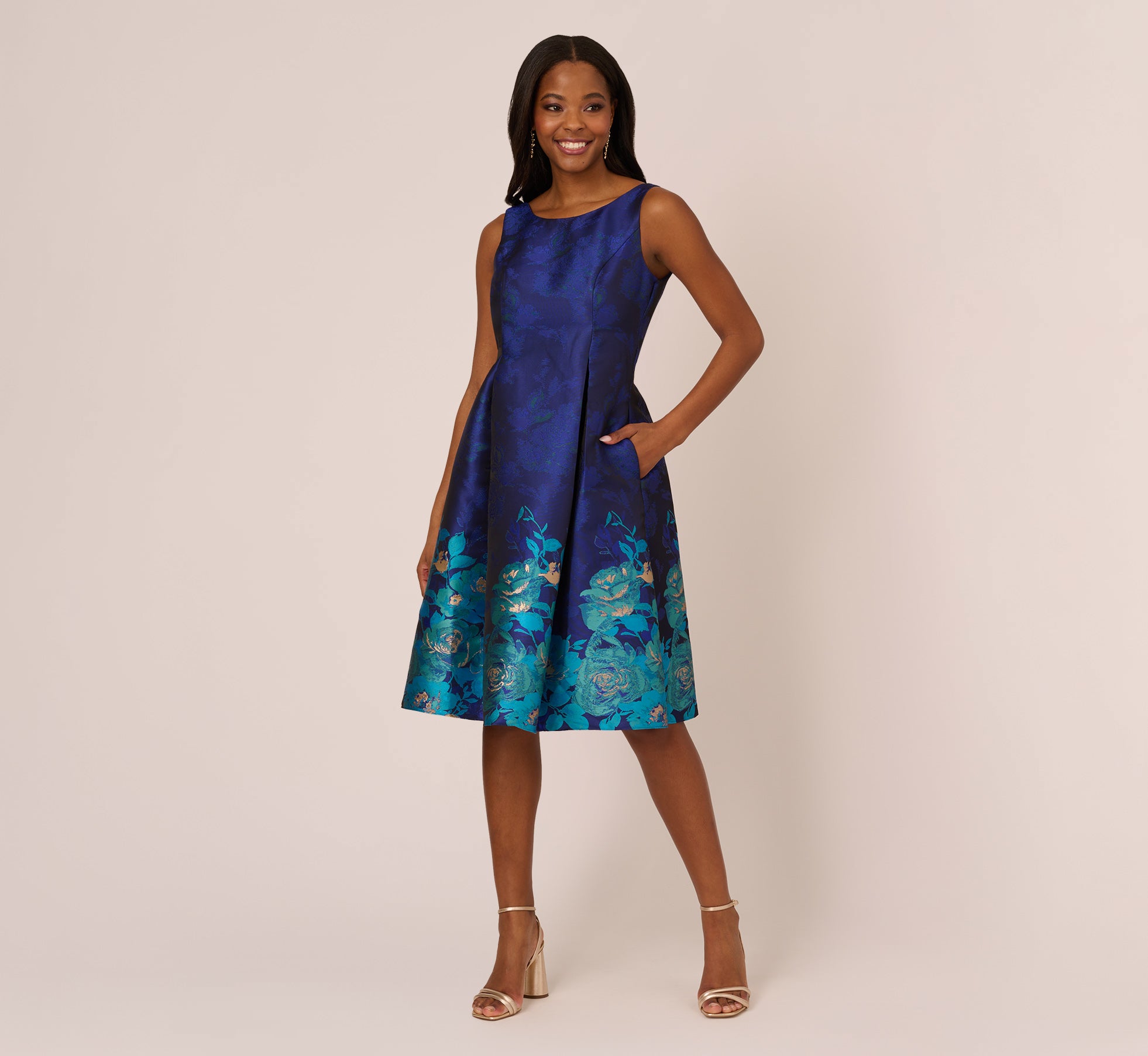 Jacquard Midi Dress With Metallic Floral Trim In Blue Teal Multi 
