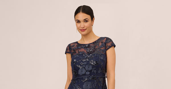 Sequin Floral Short Sleeve Dress With Popover In Navy | Adrianna