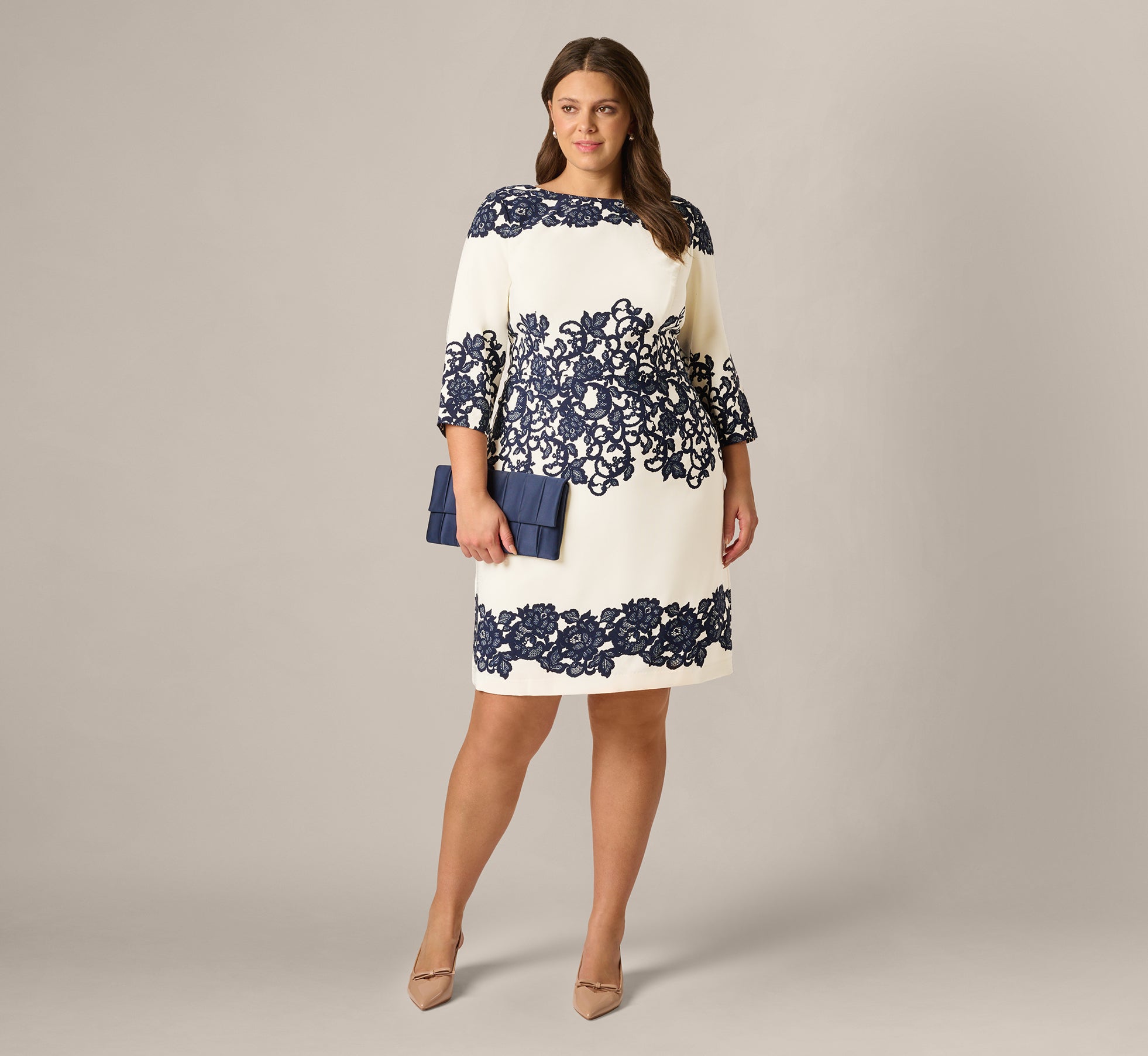 Peplum Navy Blue And White Dress Plus Size Plus Size Scroll Lace Midi Dress With Three Quarter Sleeves In Peplum Navy Blue And White Dress Plus Size Plus Size Scroll Lace Midi Dress With Three Quarter Sleeves In