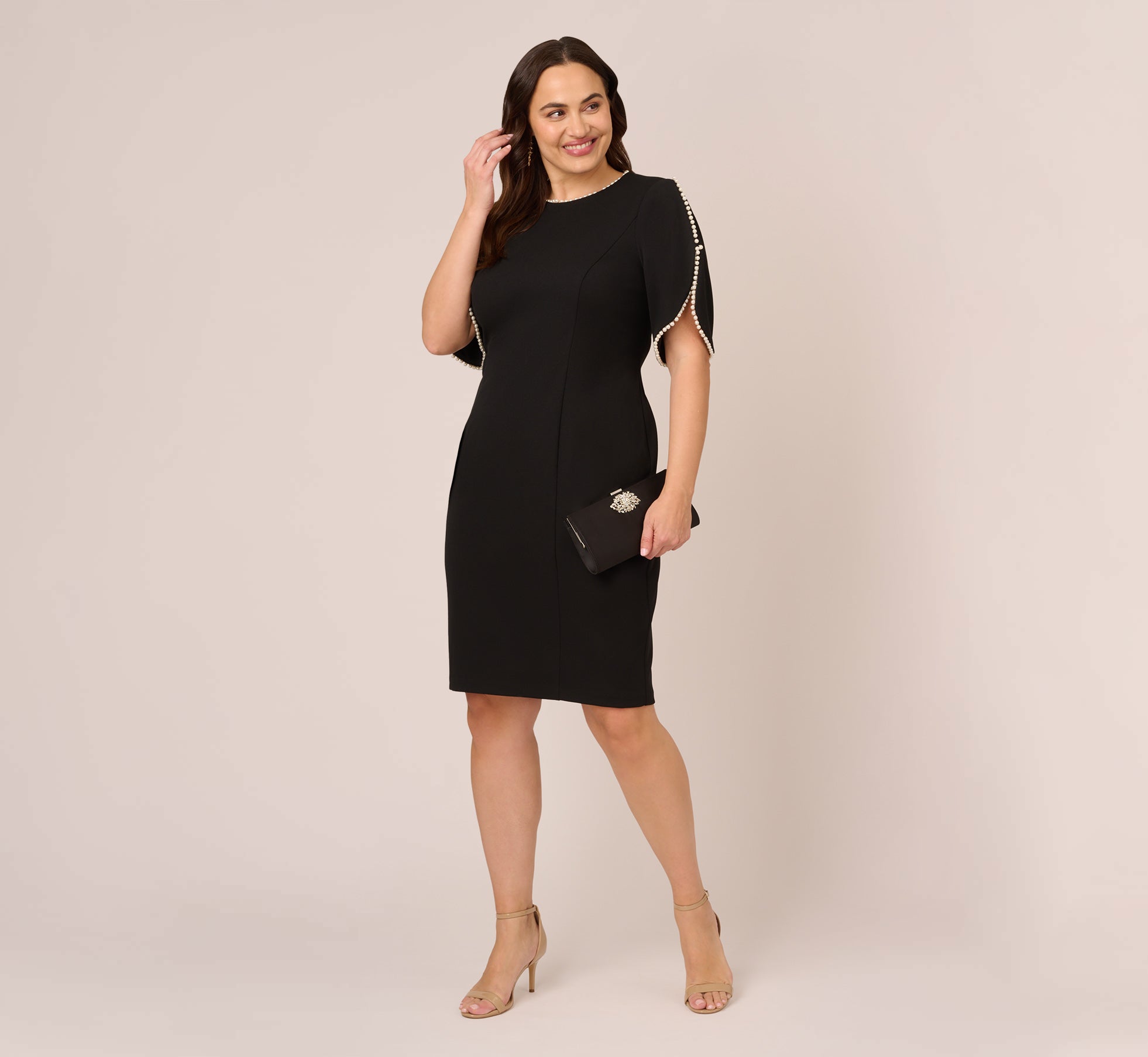 Adrianna Papell Crepe Midi Sheath Dress With Pearly Trim - Black Adrianna Papell Crepe Midi Sheath Dress With Pearly Trim - Black