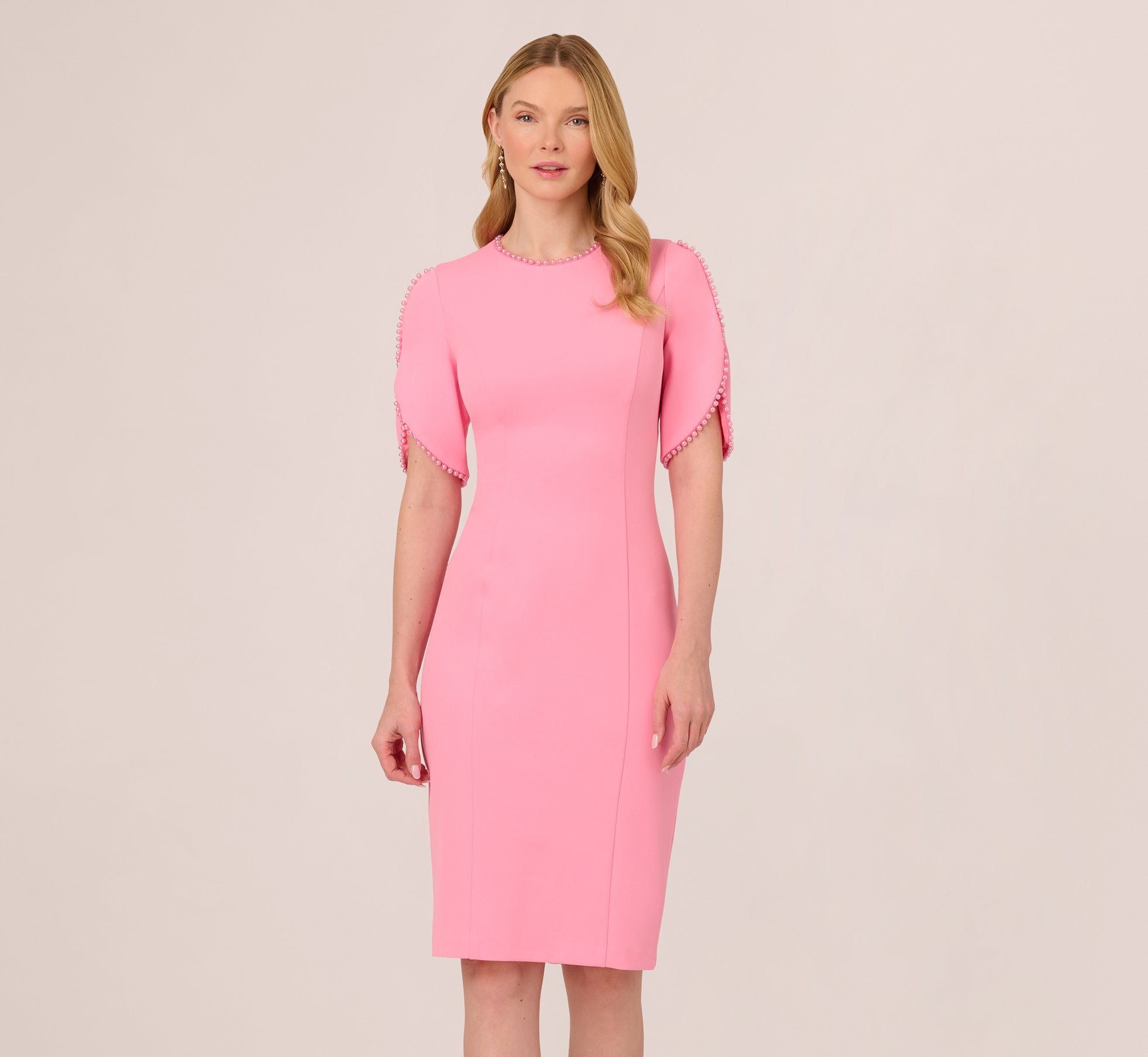 Crepe Midi Length Sheath Dress With Pearl Trimmed Sleeves In Cherry Blossom Crepe Midi Length Sheath Dress With Pearl Trimmed Sleeves In Cherry Blossom