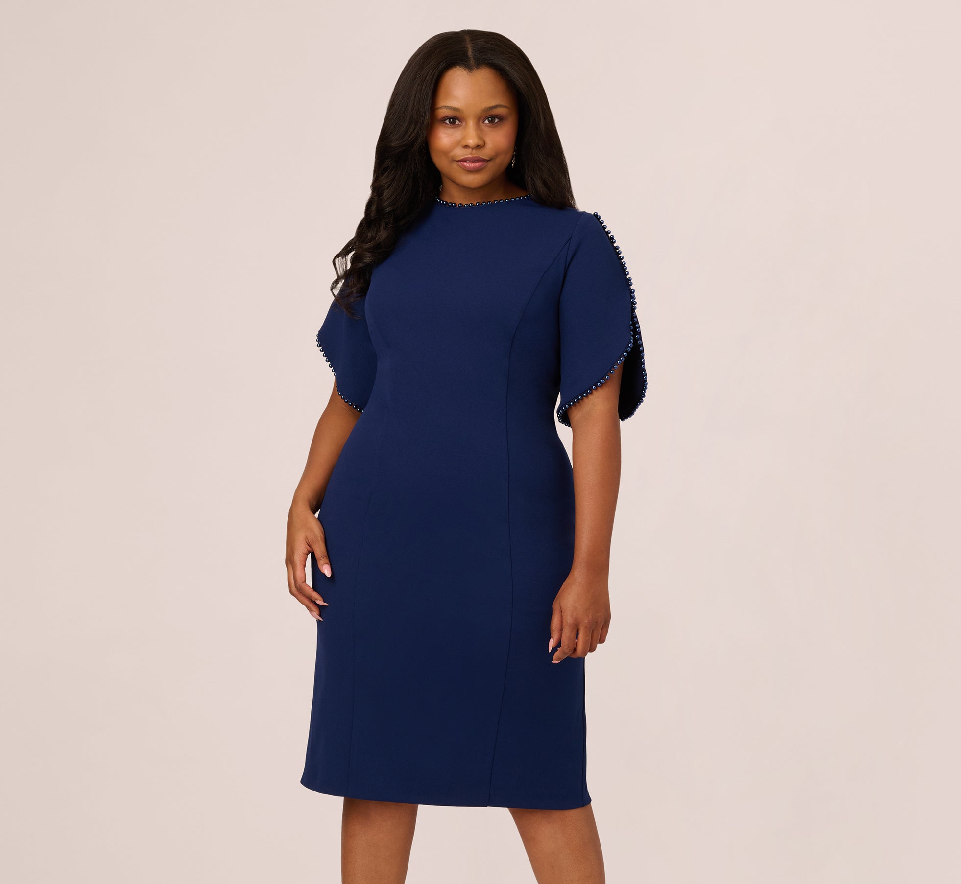 Plus Size Crepe Midi Length Sheath Dress With Pearl Trimmed Sleeves In Navy Sateen Plus Size Crepe Midi Length Sheath Dress With Pearl Trimmed Sleeves In Navy Sateen