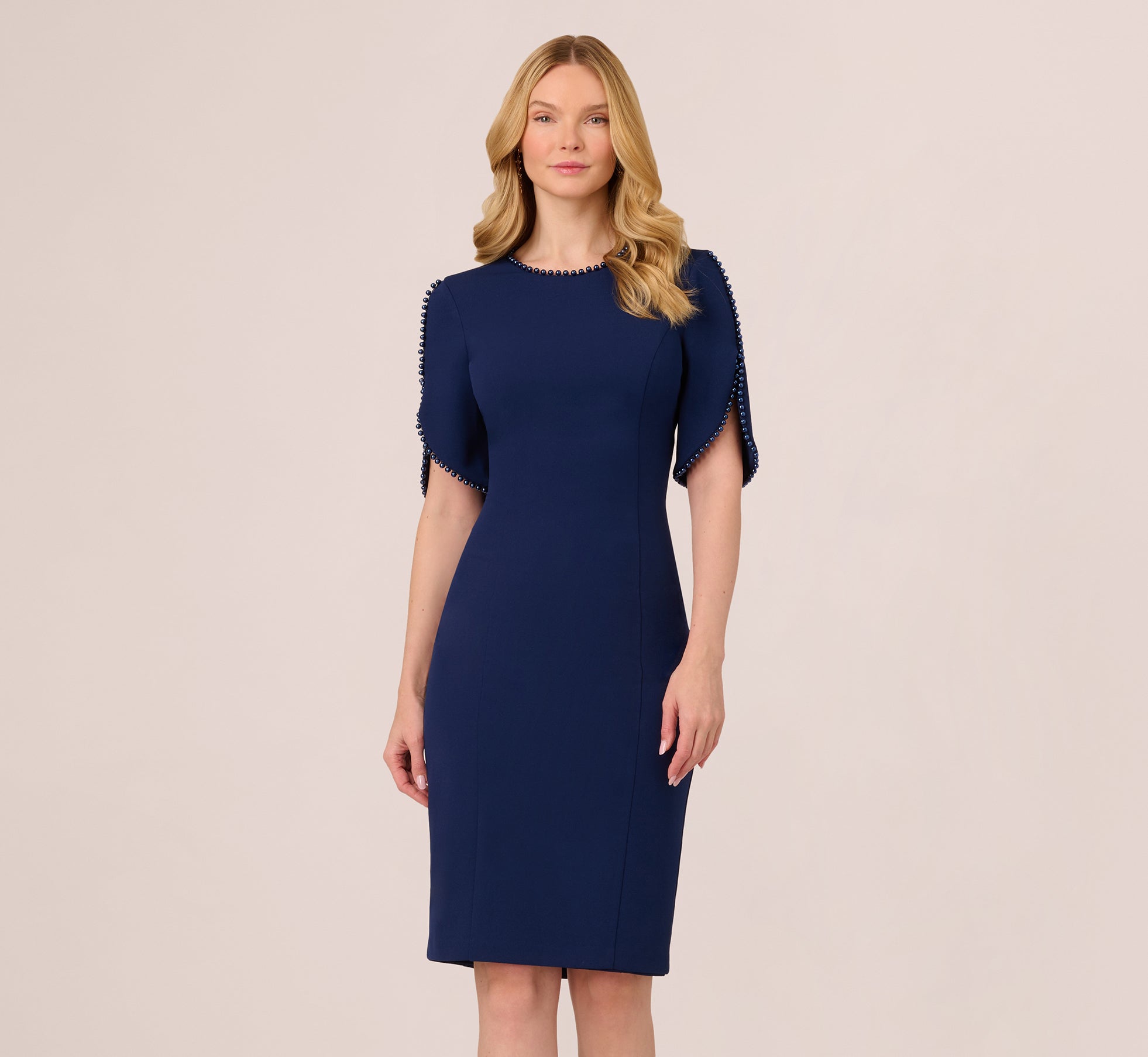 Navy Crepe Midi Length Sheath Dress With Pearl Trimmed Sleeves - Adrianna Papell Navy Crepe Midi Length Sheath Dress With Pearl Trimmed Sleeves - Adrianna Papell