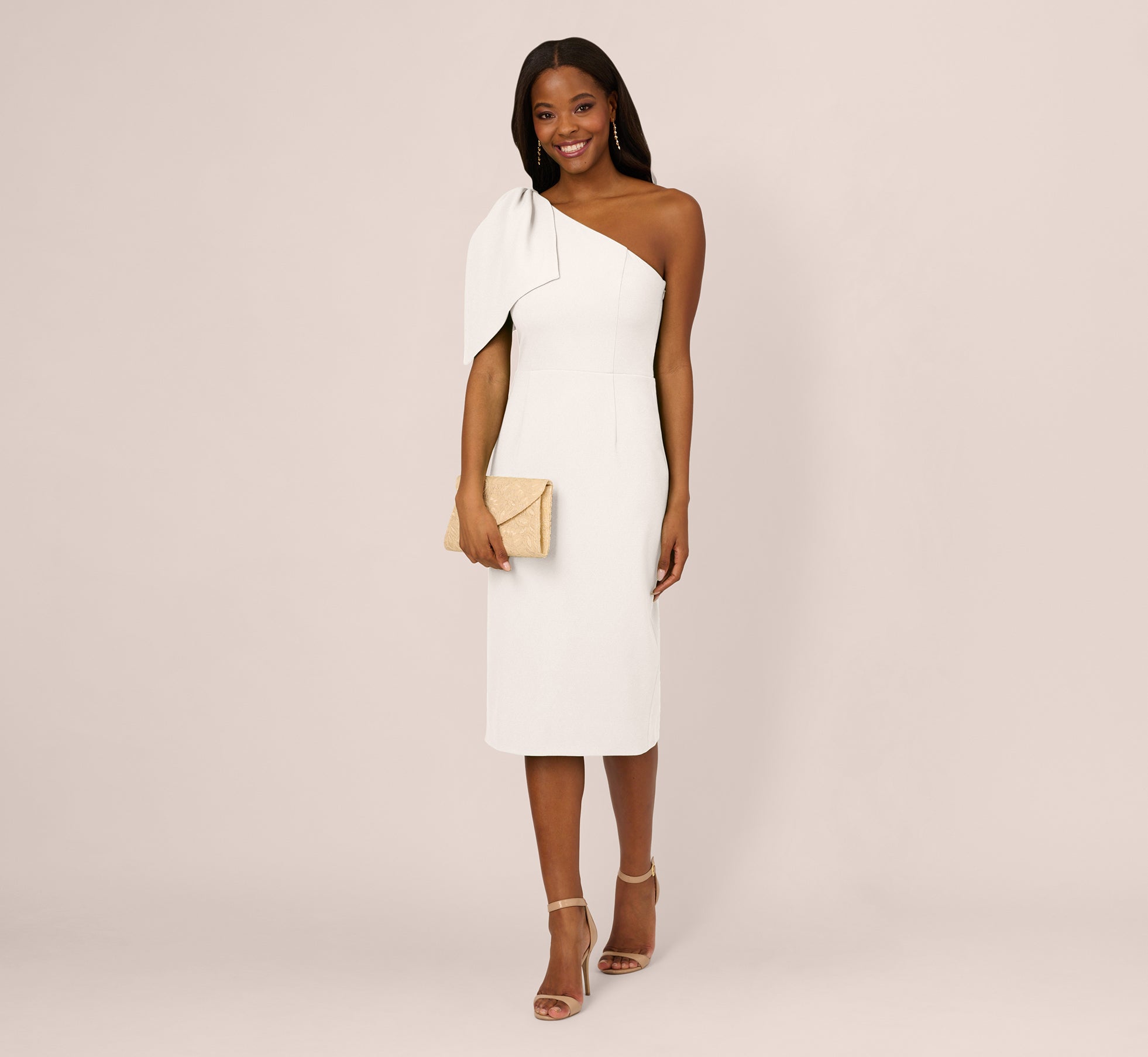 Adrianna Papell One-shoulder Bow-accent Midi Dress - Ivory Adrianna Papell One-shoulder Bow-accent Midi Dress - Ivory