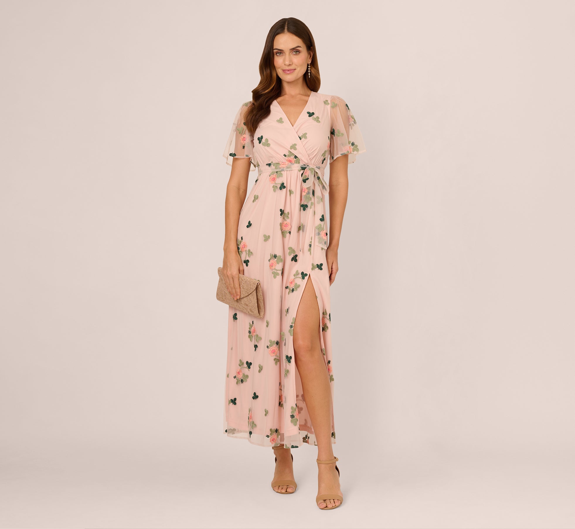 Floral Embroidered Maxi Dress With Sheer Flutter Sleeves In Blush Multi Floral Embroidered Maxi Dress With Sheer Flutter Sleeves In Blush Multi