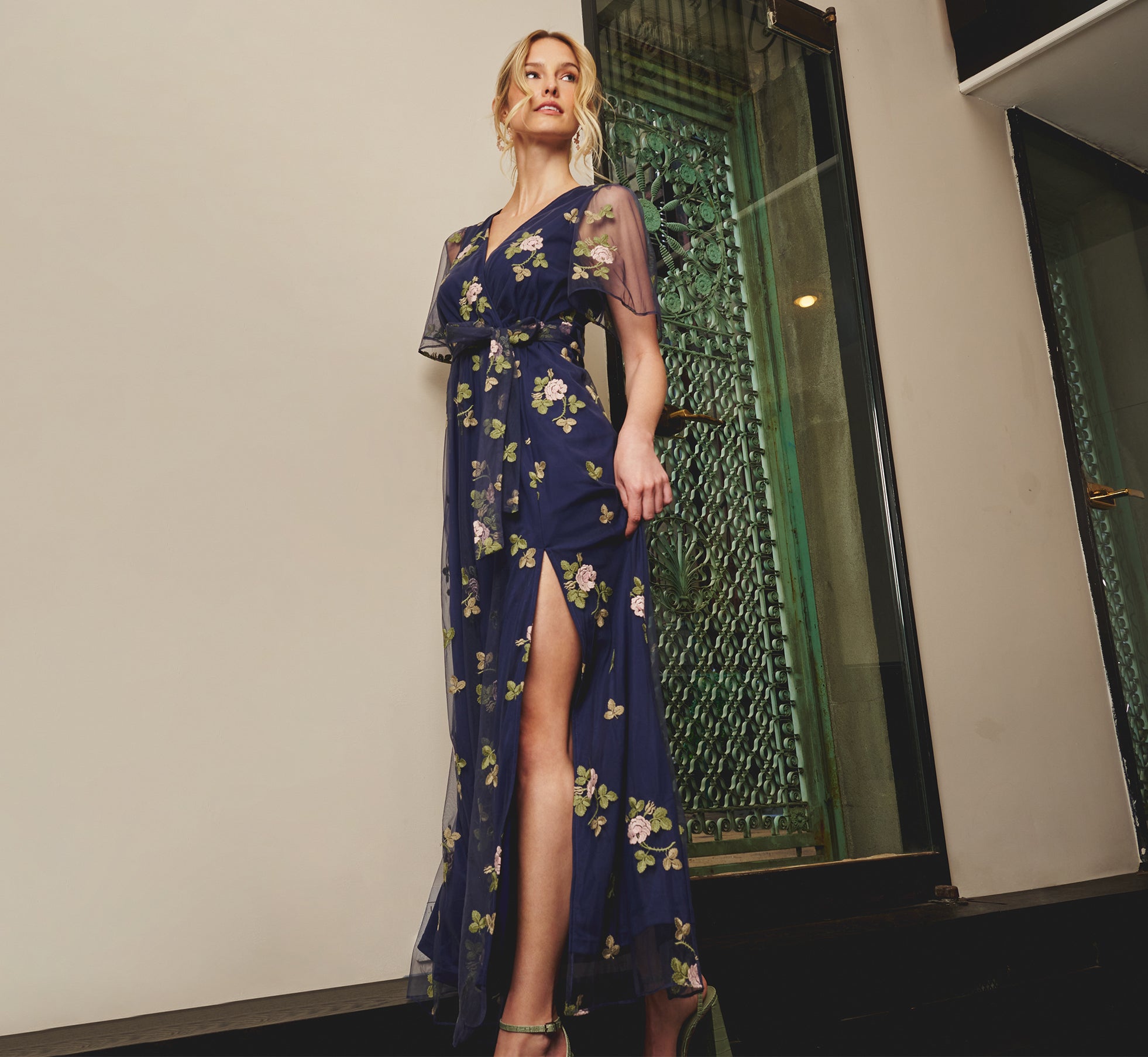Floral Embroidered Maxi Dress With Sheer Flutter Sleeves In Navy Multi Floral Embroidered Maxi Dress With Sheer Flutter Sleeves In Navy Multi