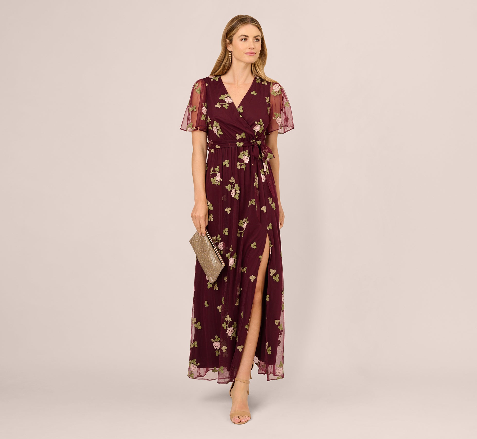 Floral Embroidered Maxi Dress With Sheer Flutter Sleeves In Burgundy Multi Floral Embroidered Maxi Dress With Sheer Flutter Sleeves In Burgundy Multi