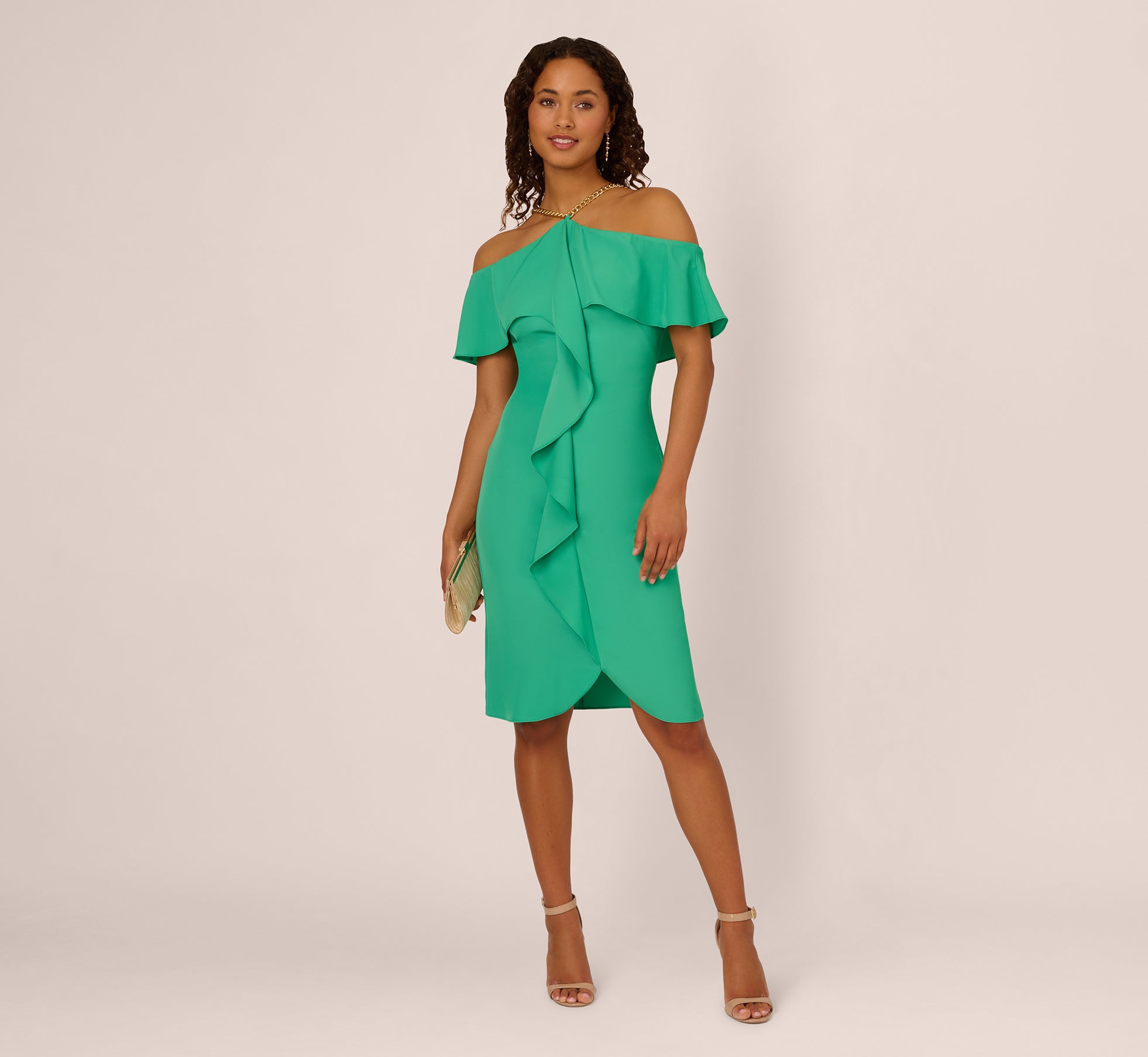 Ruffle Popover Midi Dress with Chain Halter Neckline in Flora Green Ruffle Popover Midi Dress with Chain Halter Neckline in Flora Green