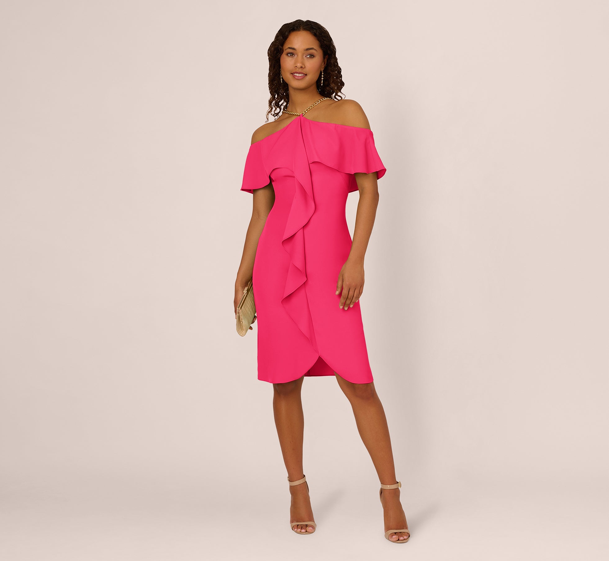 Ruffle Popover Midi Dress With Chain Halter Neckline In Electric Pink Ruffle Popover Midi Dress With Chain Halter Neckline In Electric Pink