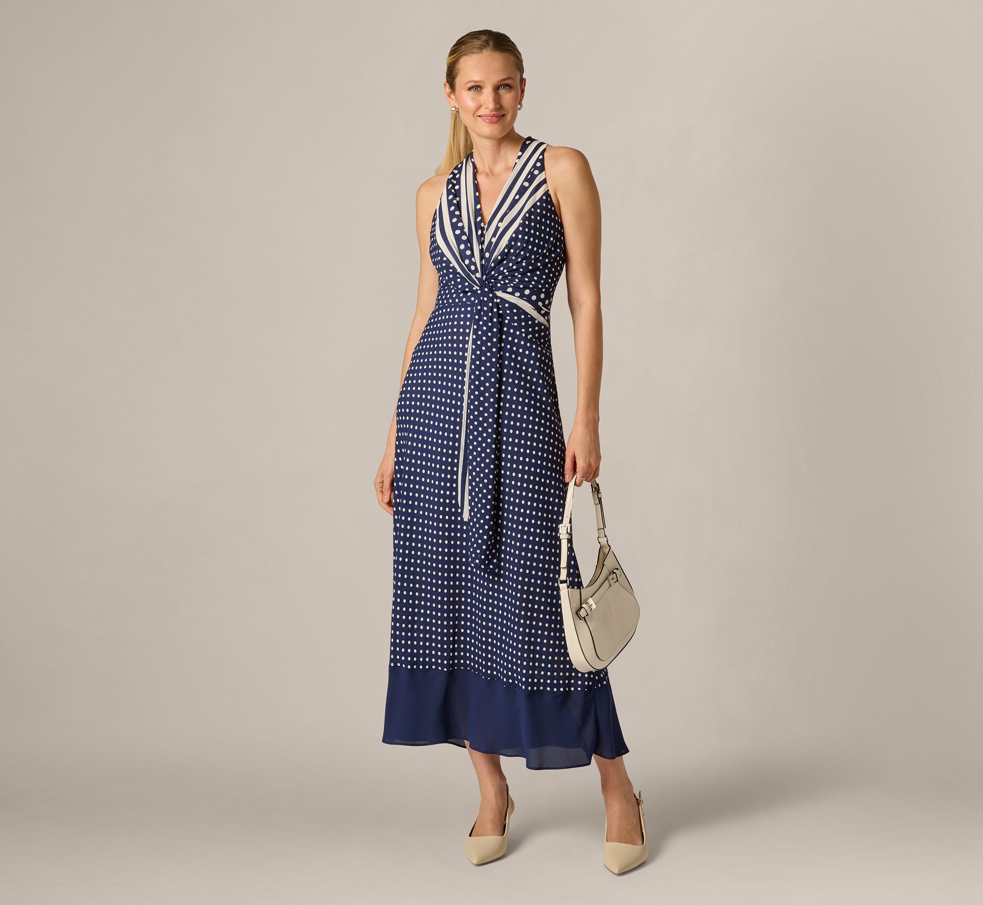 Dot Print Chiffon Halter Maxi Dress With Sash Waist In Navy Ivory Dot Print Chiffon Halter Maxi Dress With Sash Waist In Navy Ivory