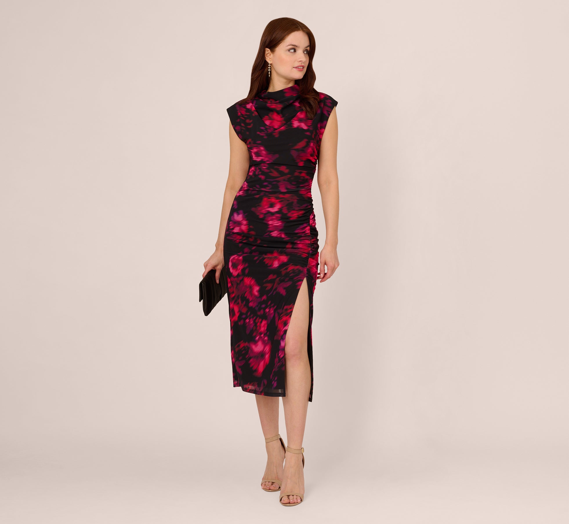 Floral Print Jersey Ankle Length Dress With Draped Details In