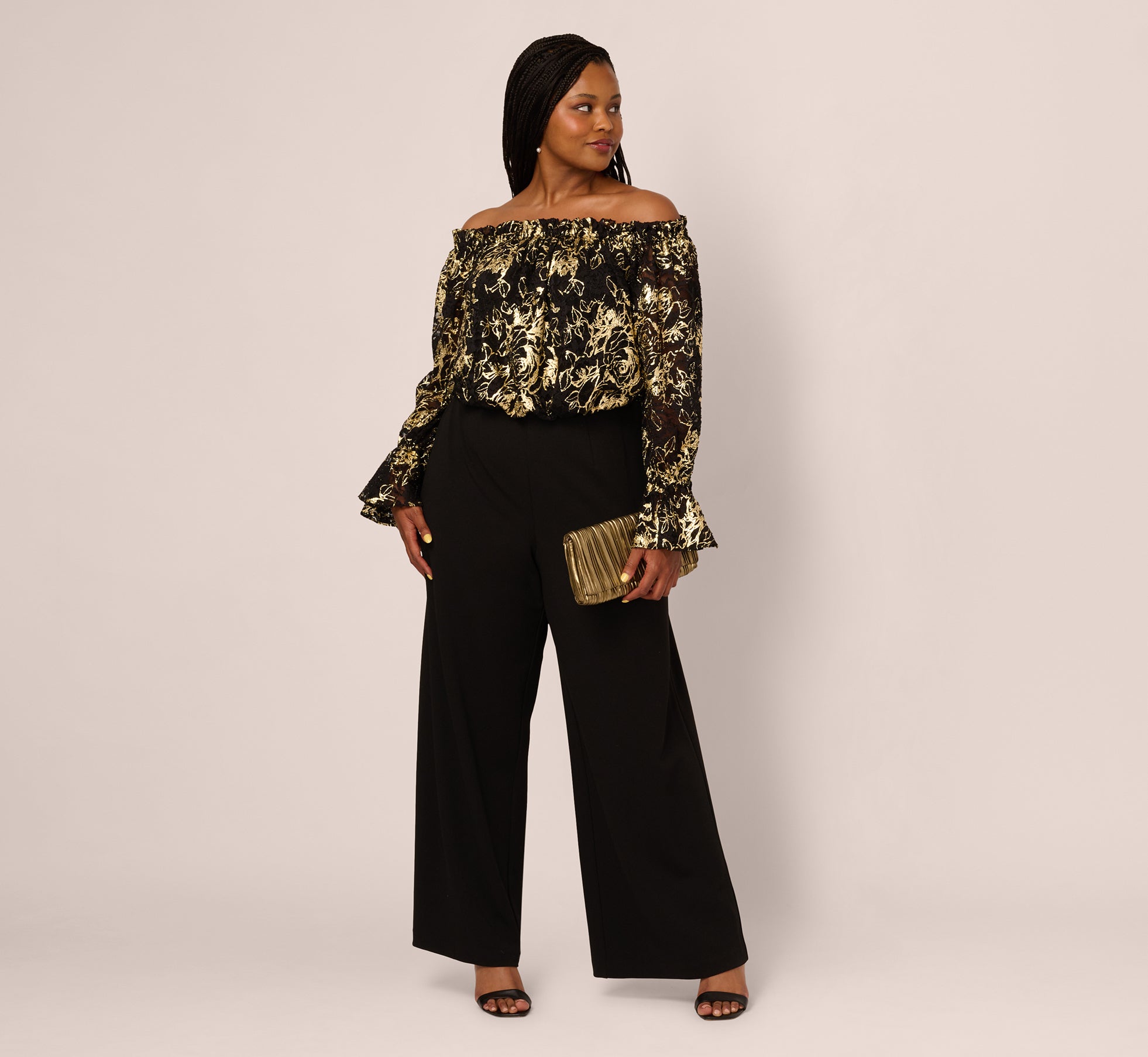 Adrianna Papell Lace Bodice And Crepe Jumpsuit - Black/gold Adrianna Papell Lace Bodice And Crepe Jumpsuit - Black/gold