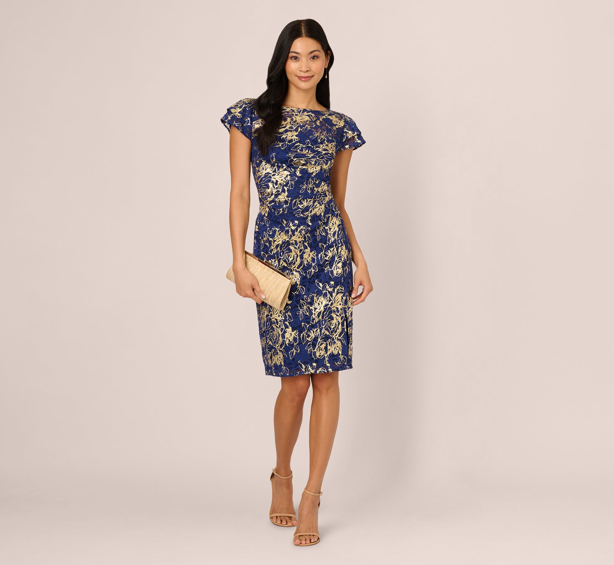 Cap Sleeve Foil Lace Sheath Dress In Navy Gold Adrianna Papell