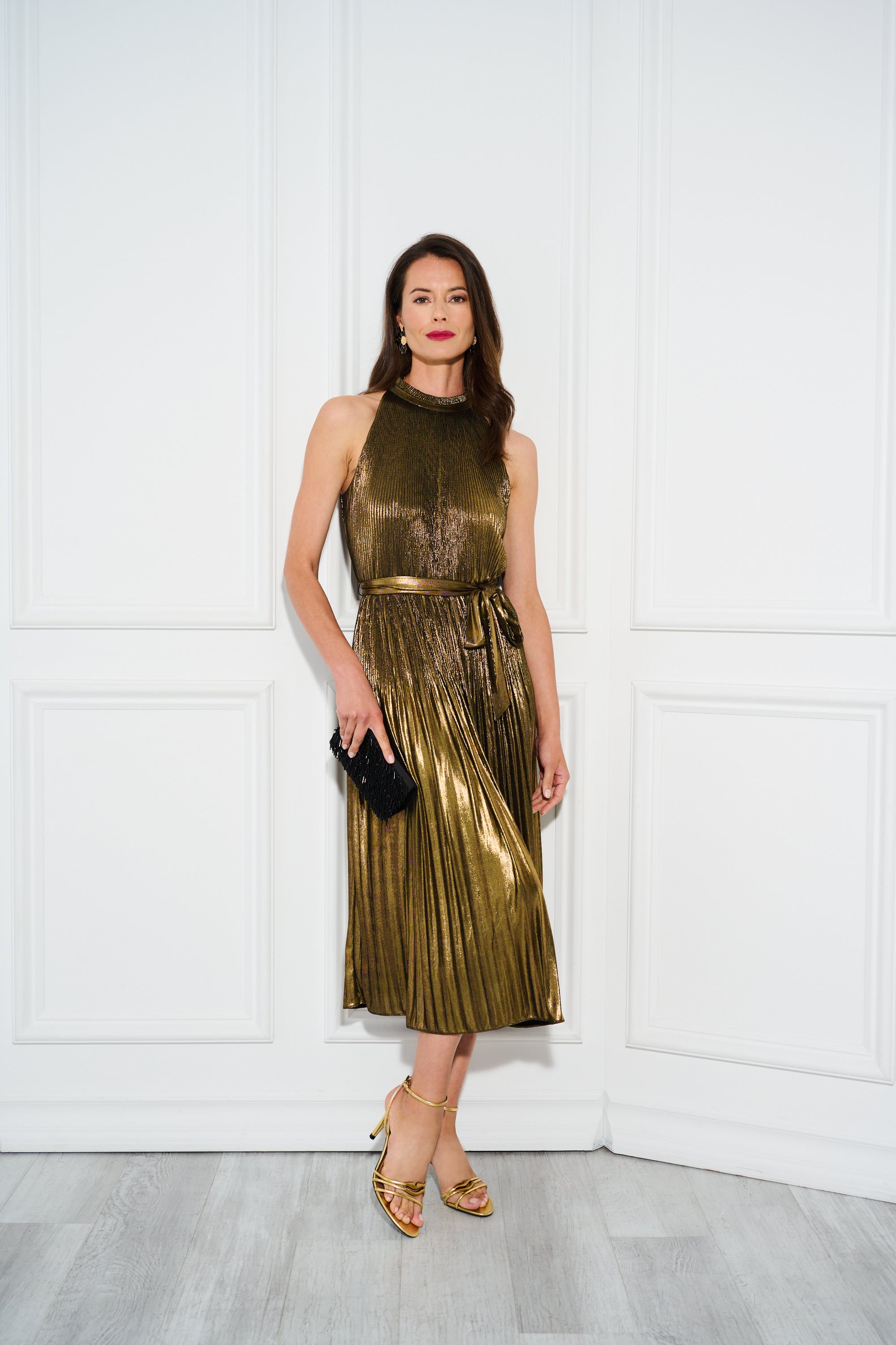Halter Pleated Metallic Dress in Gold, Gold / Regular / 0 Halter Pleated Metallic Dress in Gold, Gold / Regular / 0