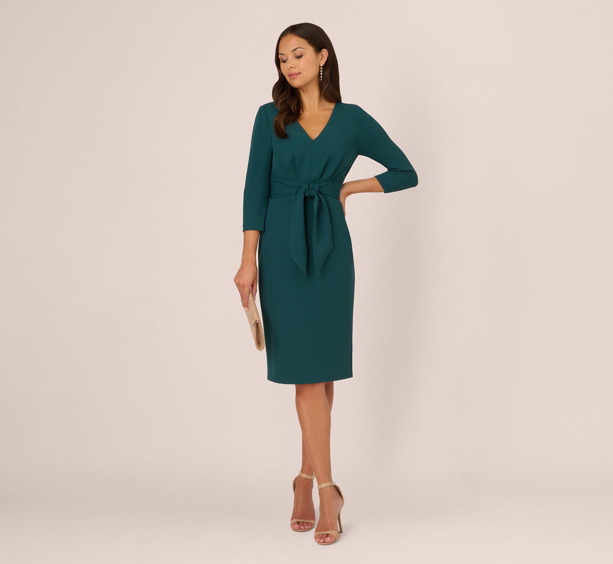 Three Quarter Sleeve Pleated Midi Dress With Tie Waist In Hunter Three Quarter Sleeve Pleated Midi Dress With Tie Waist In Hunter