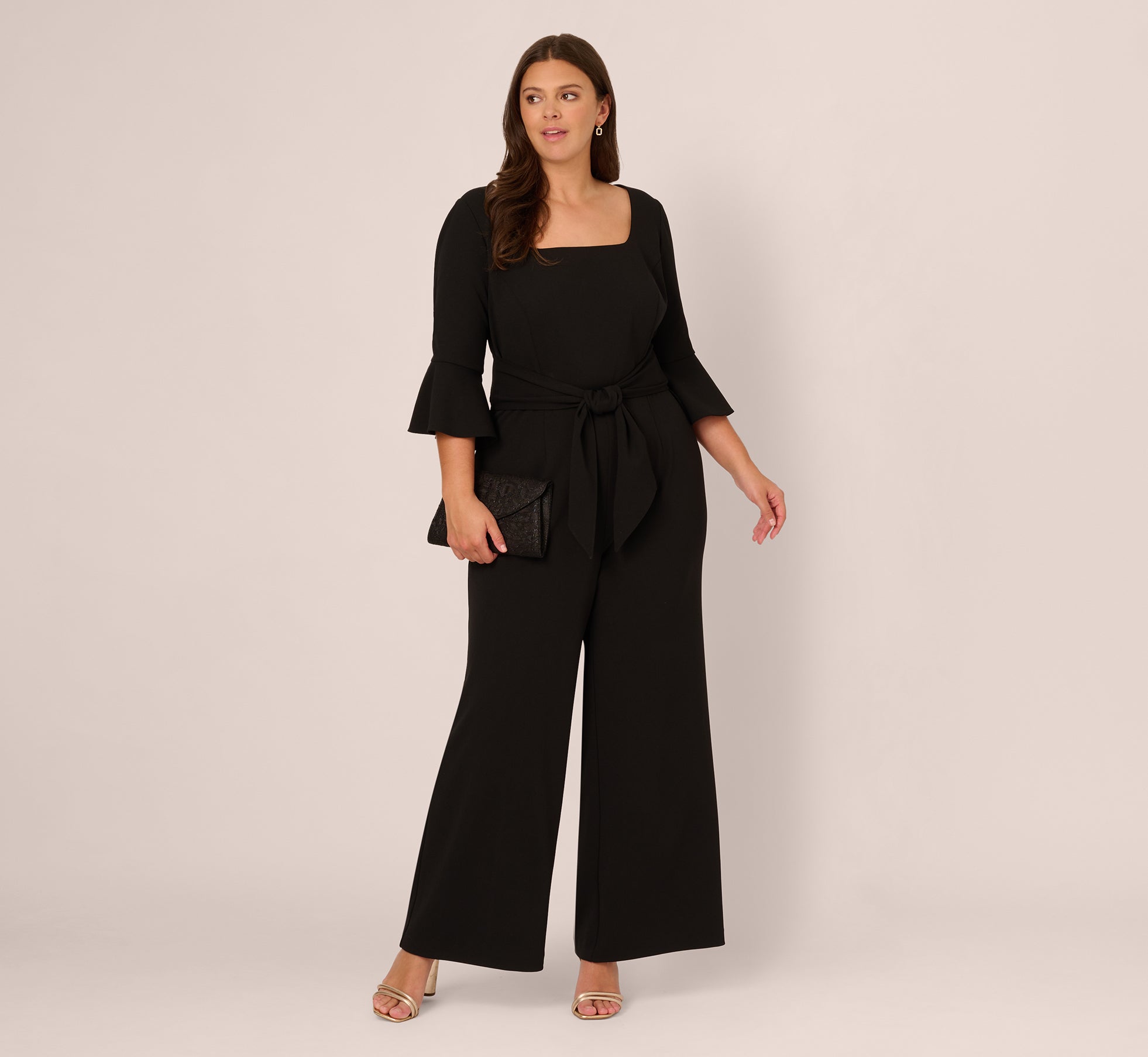 Wide Leg Jumpsuit Jumpsuit With Skirt Plus Size Plus Size Knit Crepe Wide Leg Jumpsuit With Bell Sleeves In Black