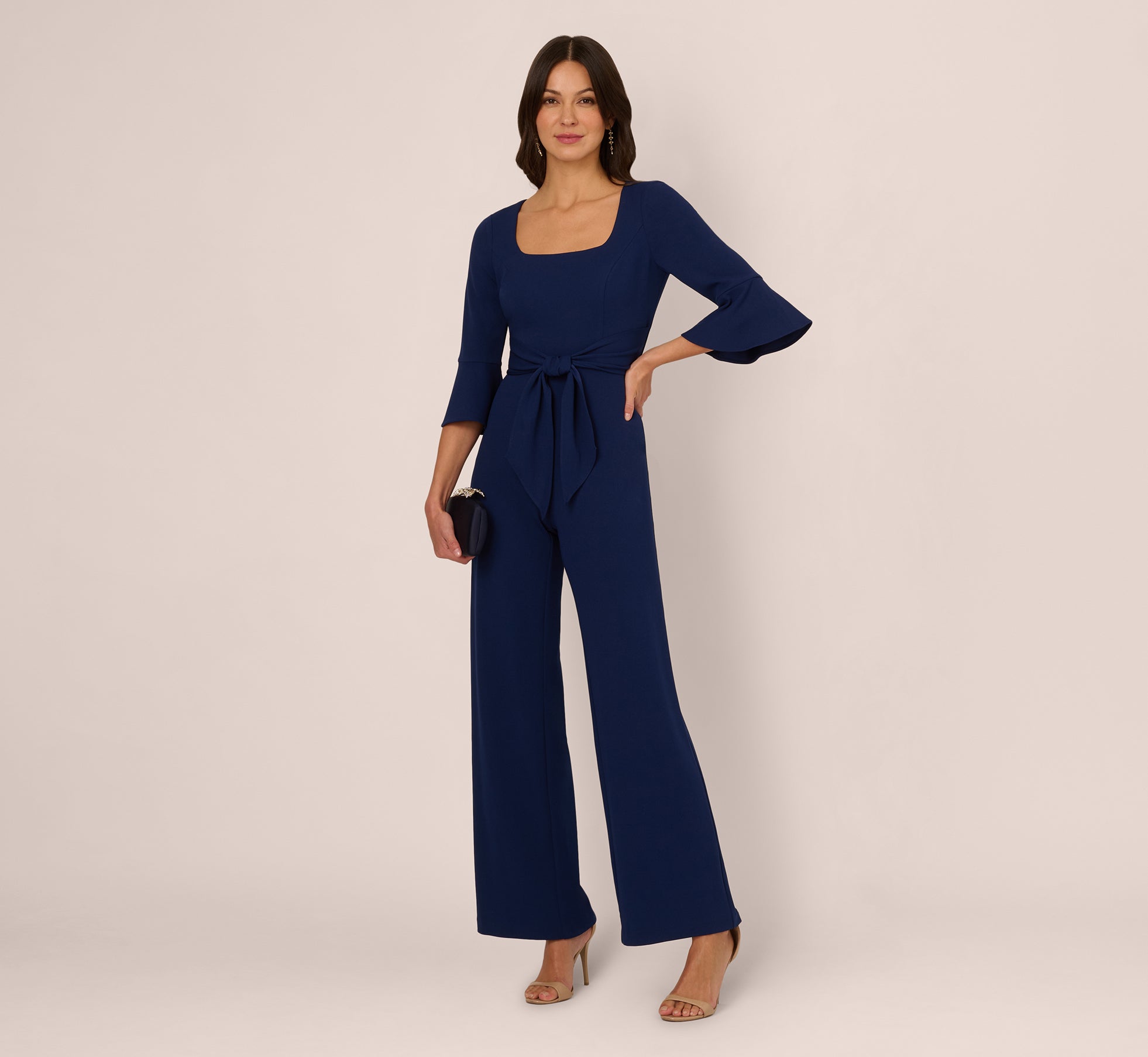 Knit Crepe Wide Leg Jumpsuit With Bell Sleeves In Navy Sateen Knit Crepe Wide Leg Jumpsuit With Bell Sleeves In Navy Sateen