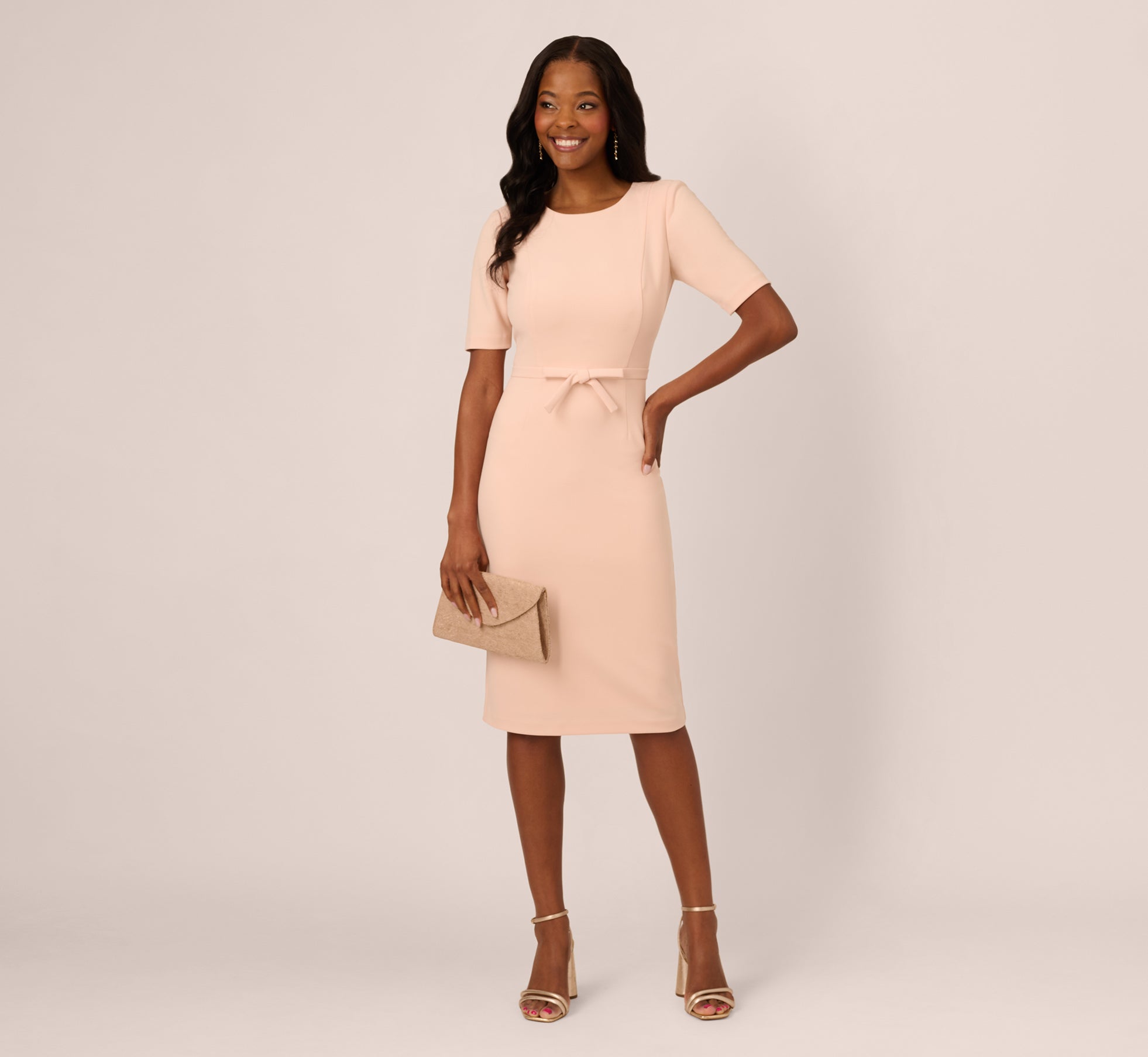 Adrianna Papell Short Sleeve Bow Waist Sheath Dress - Blush Adrianna Papell Short Sleeve Bow Waist Sheath Dress - Blush