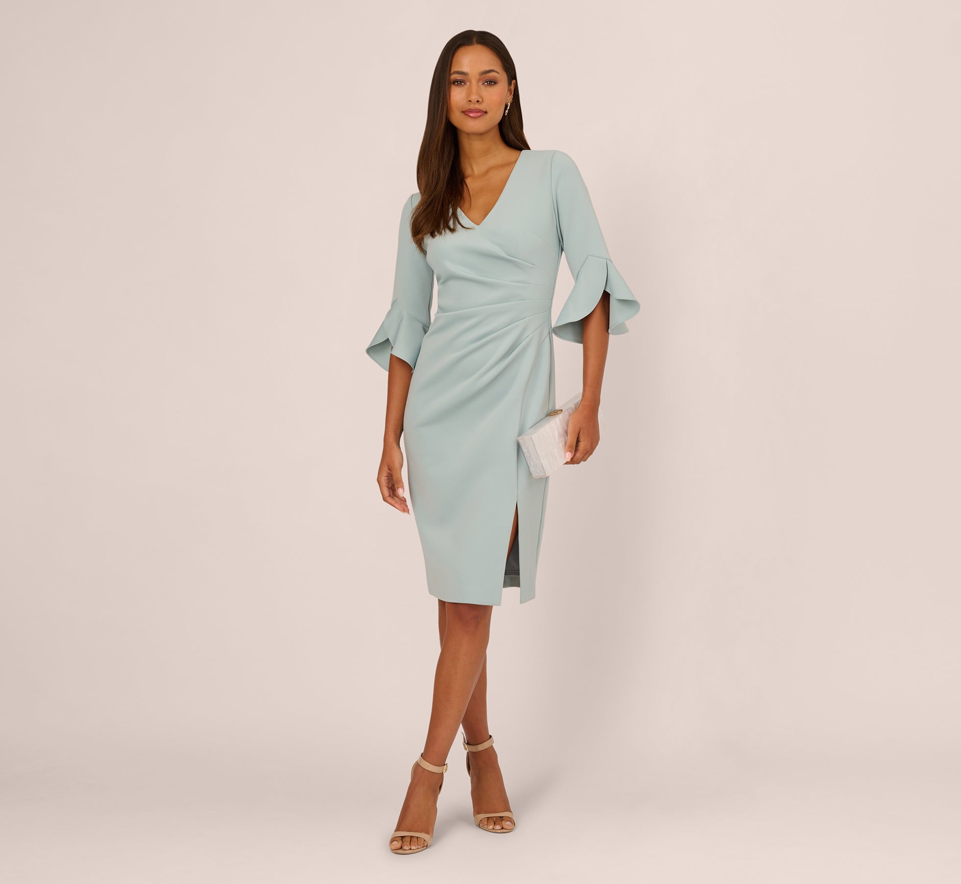 Three Quarter Sleeve Faux Wrap Midi Dress In Aqua Dust Three Quarter Sleeve Faux Wrap Midi Dress In Aqua Dust